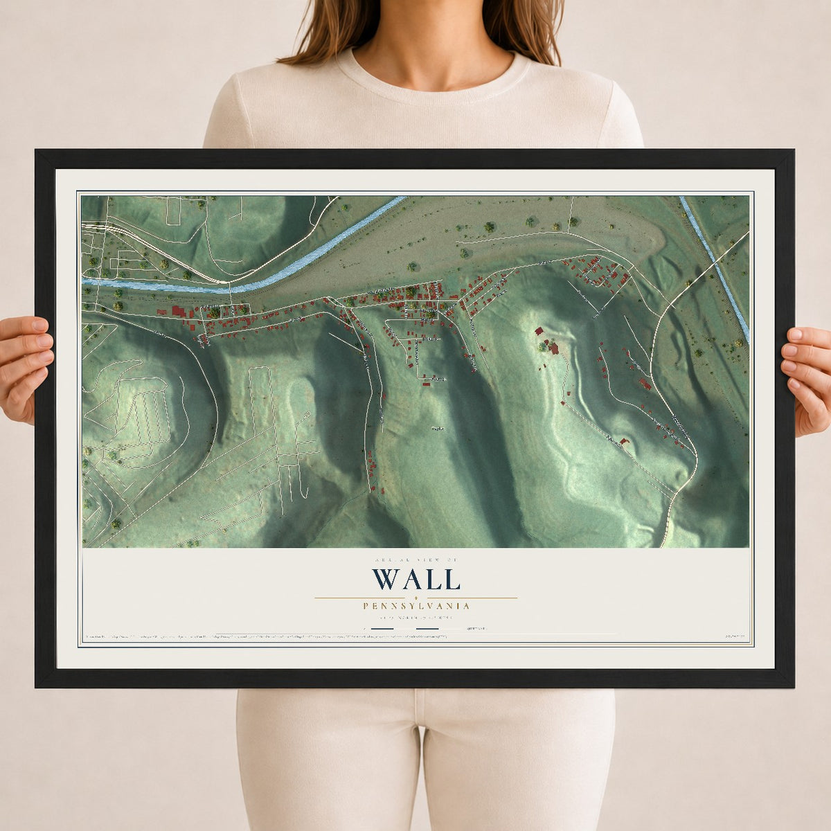 Map of Wall, Pennsylvania, 18 x 24 inch print in a black wood frame
