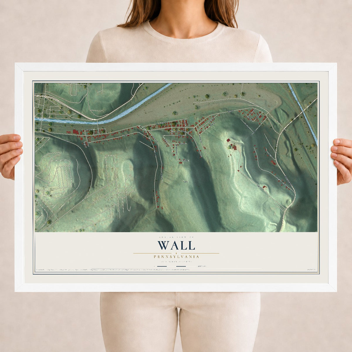 Map of Wall, Pennsylvania, 18 x 24 inch print in a white wood frame