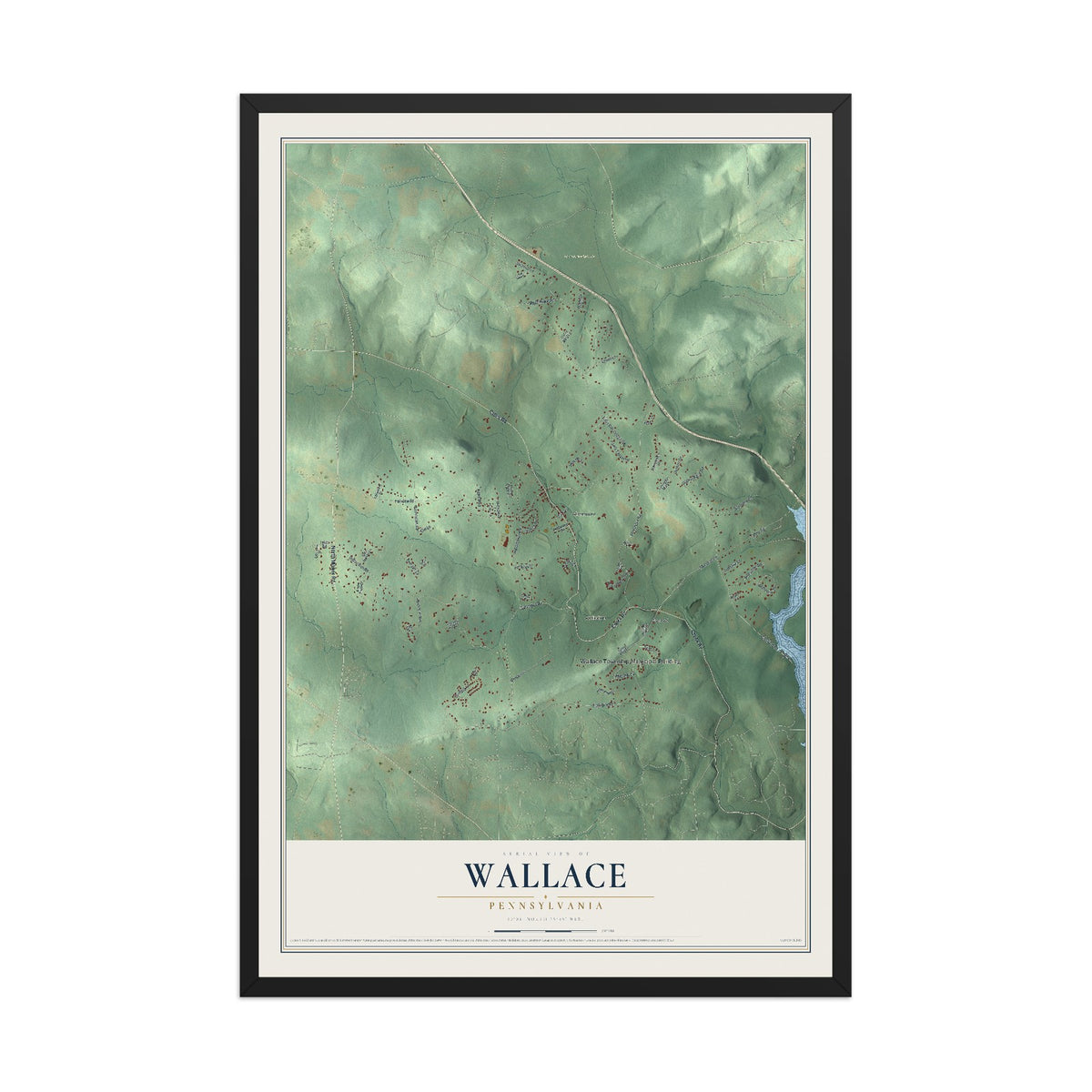 Map of Wallace, Pennsylvania, 12 x 18 inch print in a black wood frame