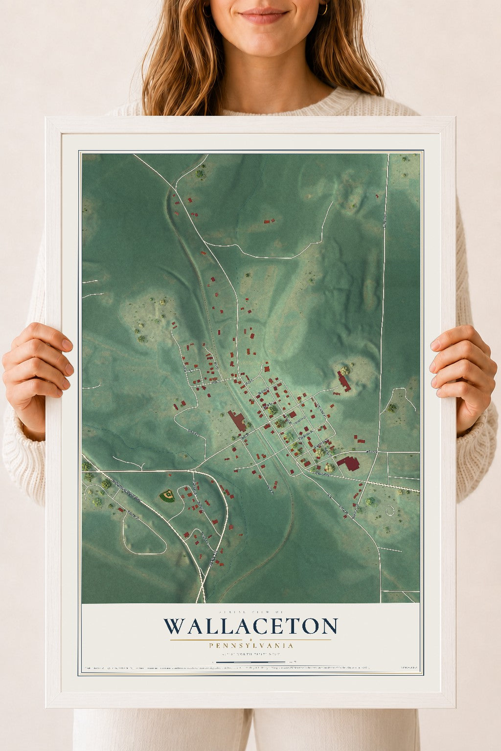 Map of Wallaceton, Pennsylvania, 18 x 24 inch print in a white wood frame