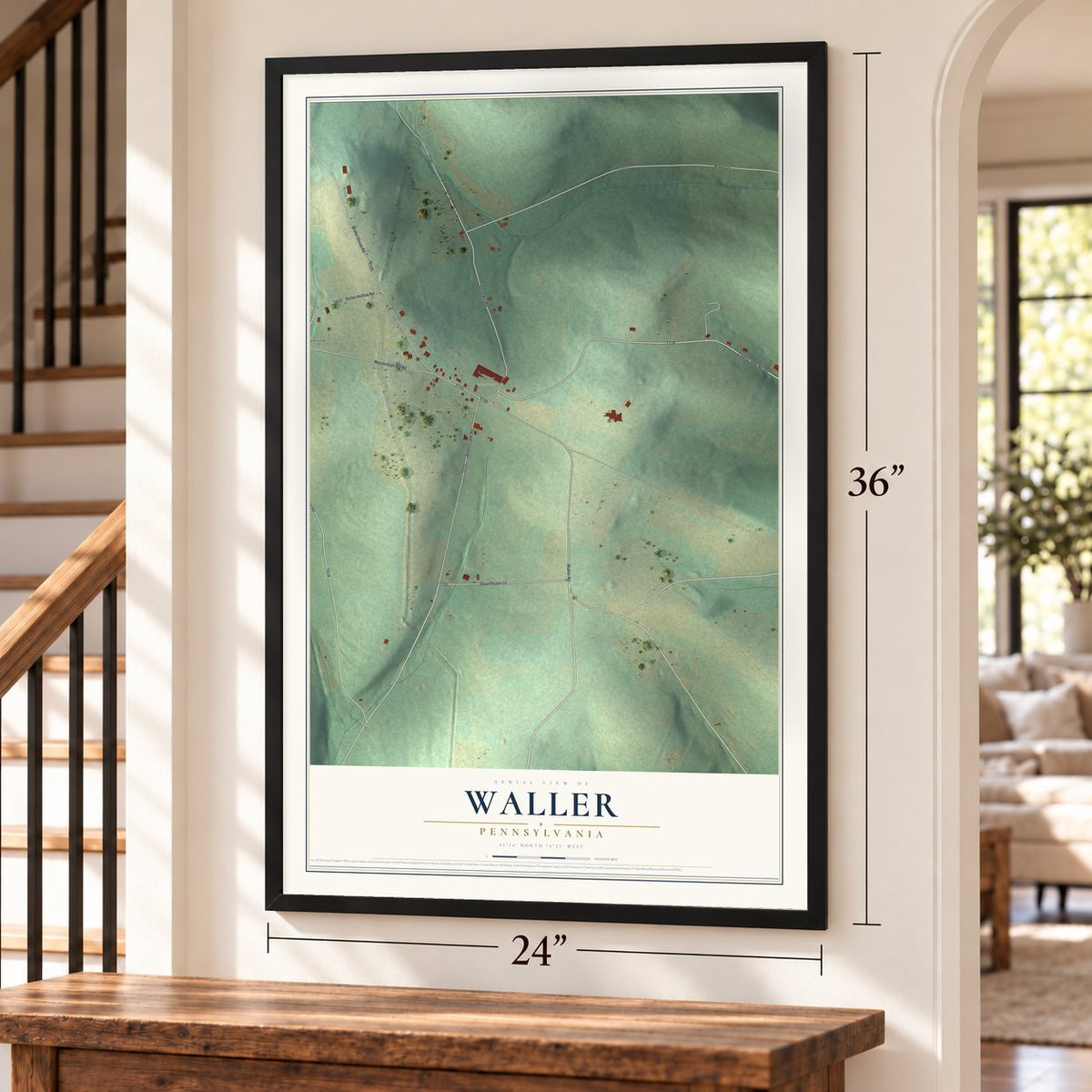 Waller, Pennsylvania map, 24 x 36 inch print in a black frame by a staircase