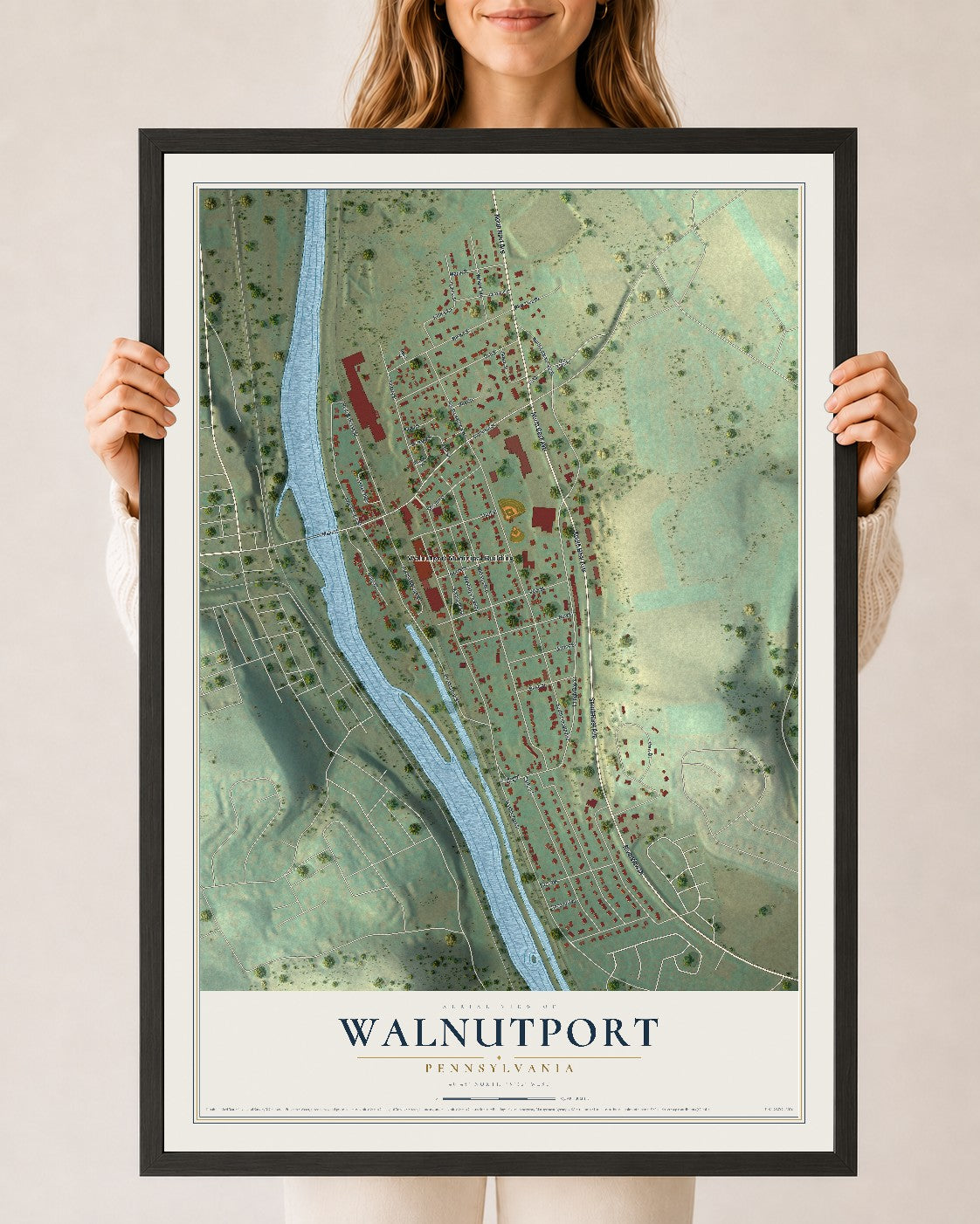 Map of Walnutport, Pennsylvania, 24 x 36 inch print in a black wood frame