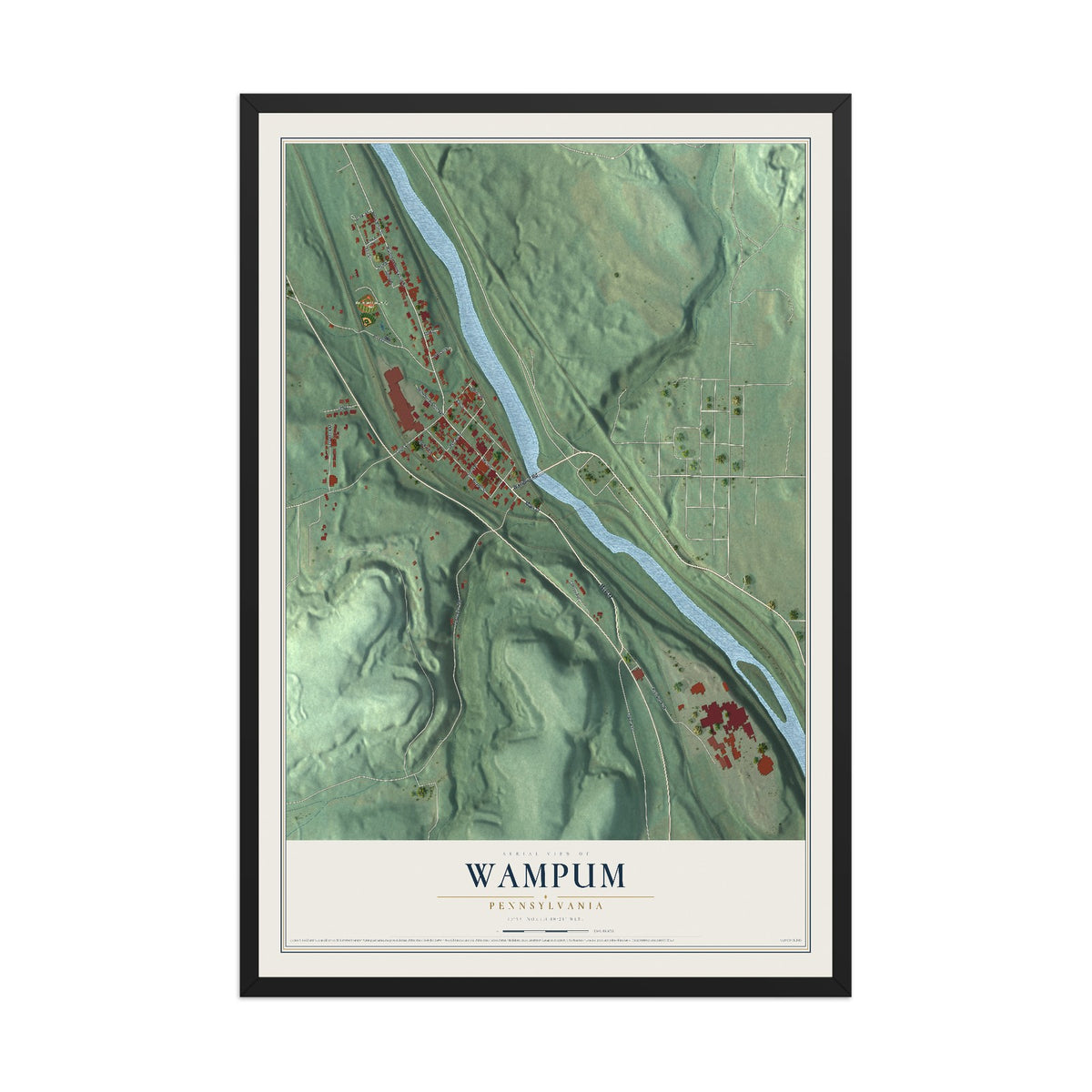 Map of Wampum, Pennsylvania, 12 x 18 inch print in a black wood frame