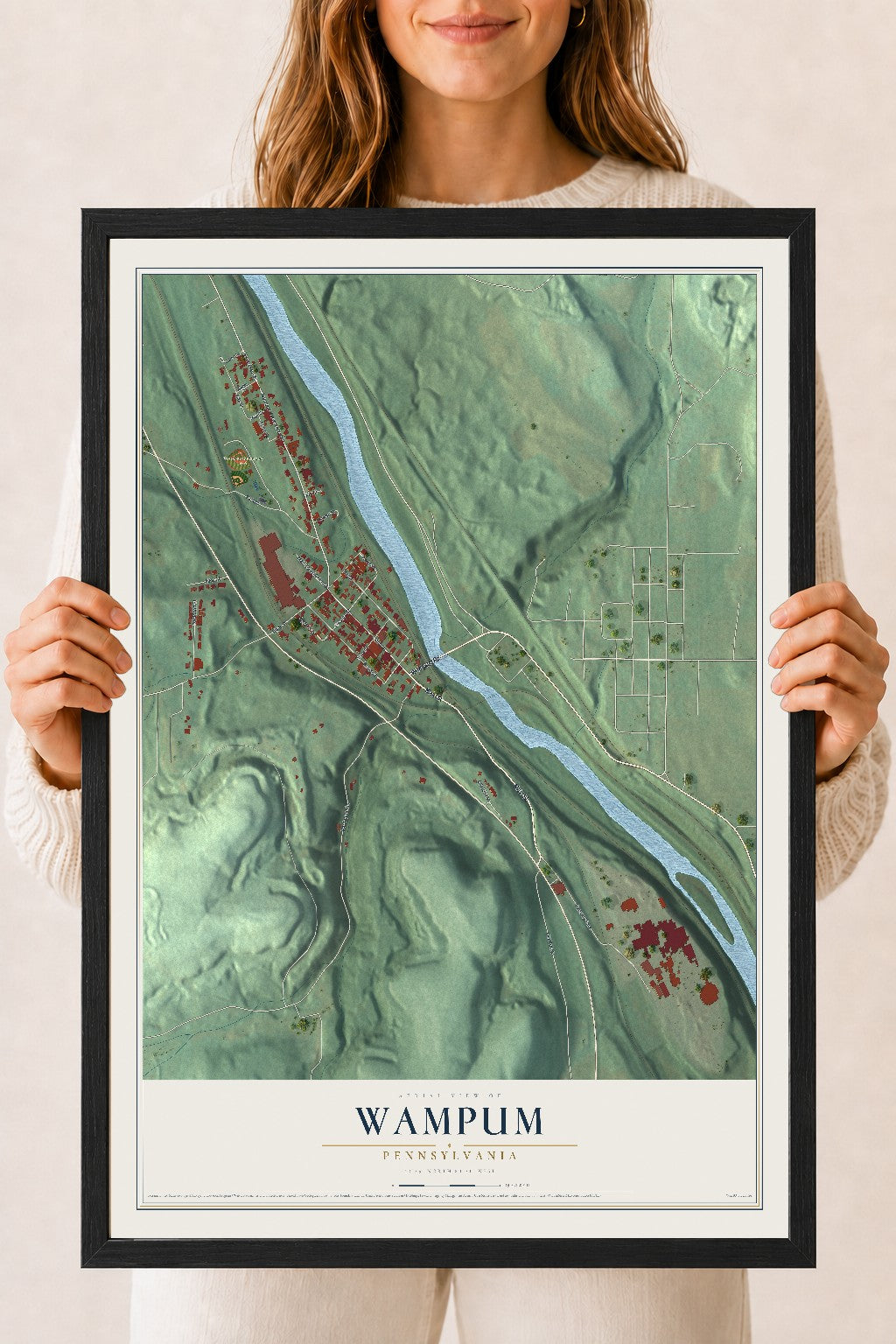 Map of Wampum, Pennsylvania, 18 x 24 inch print in a black wood frame