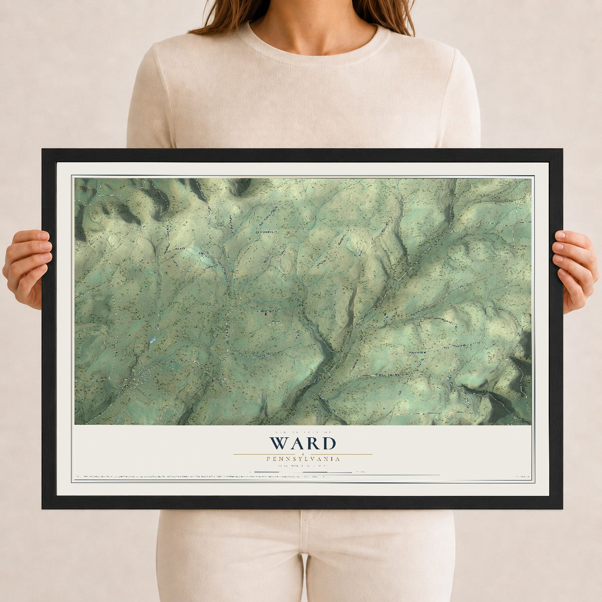 Map of Ward, Pennsylvania, 12 x 18 inch print in a black wood frame