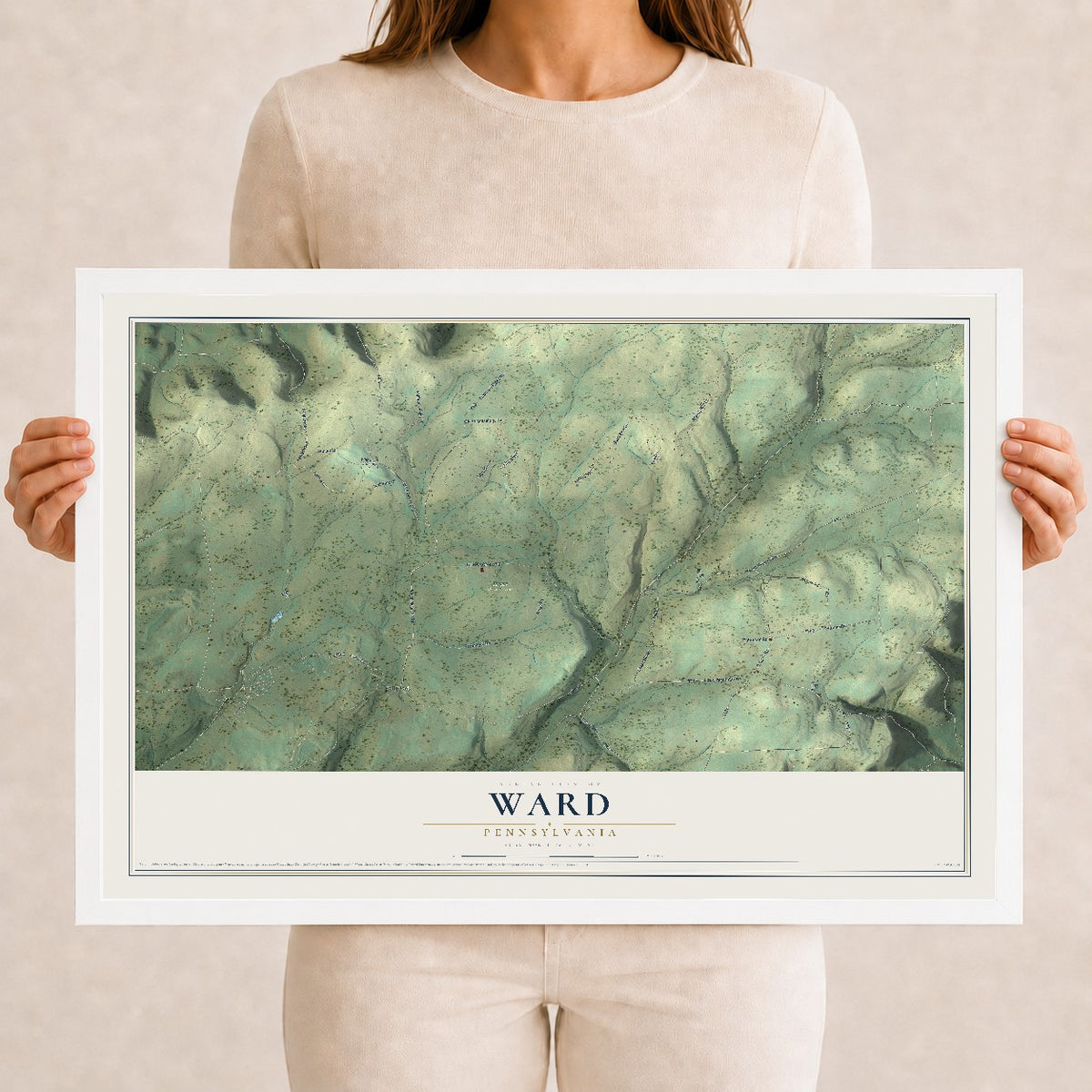 Map of Ward, Pennsylvania, 12 x 18 inch print in a white wood frame