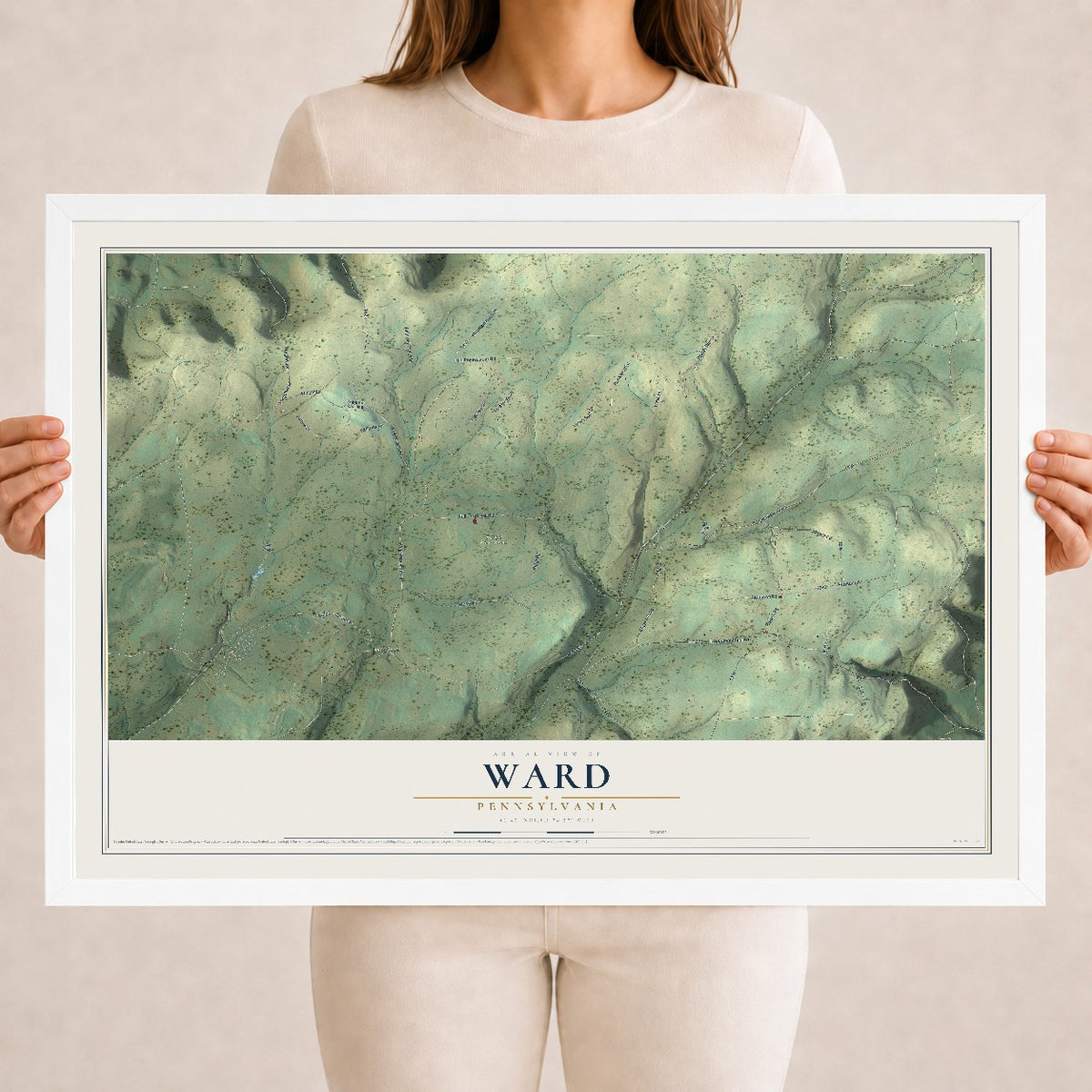 Map of Ward, Pennsylvania, 18 x 24 inch print in a white wood frame
