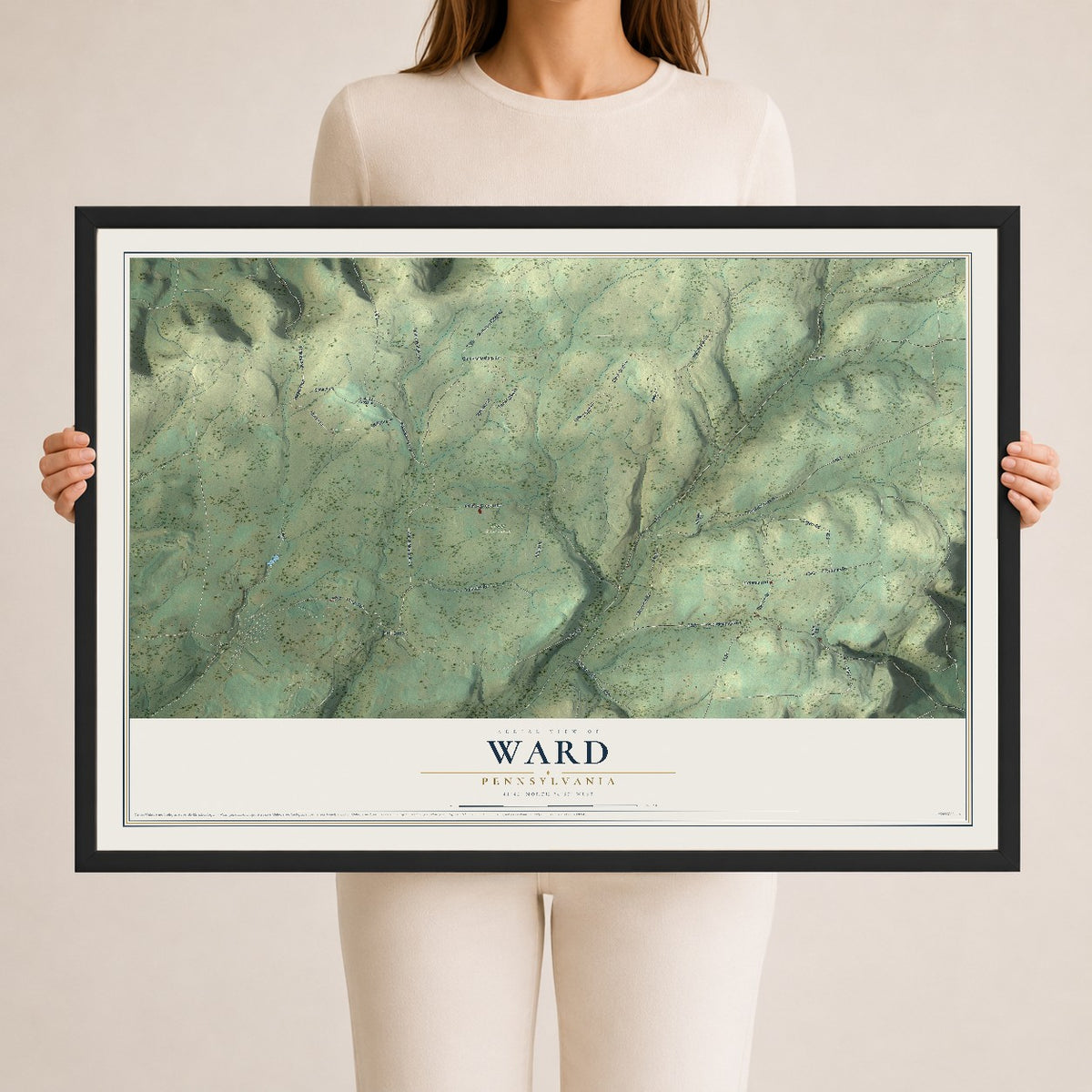 Map of Ward, Pennsylvania, 24 x 36 inch print in a black wood frame