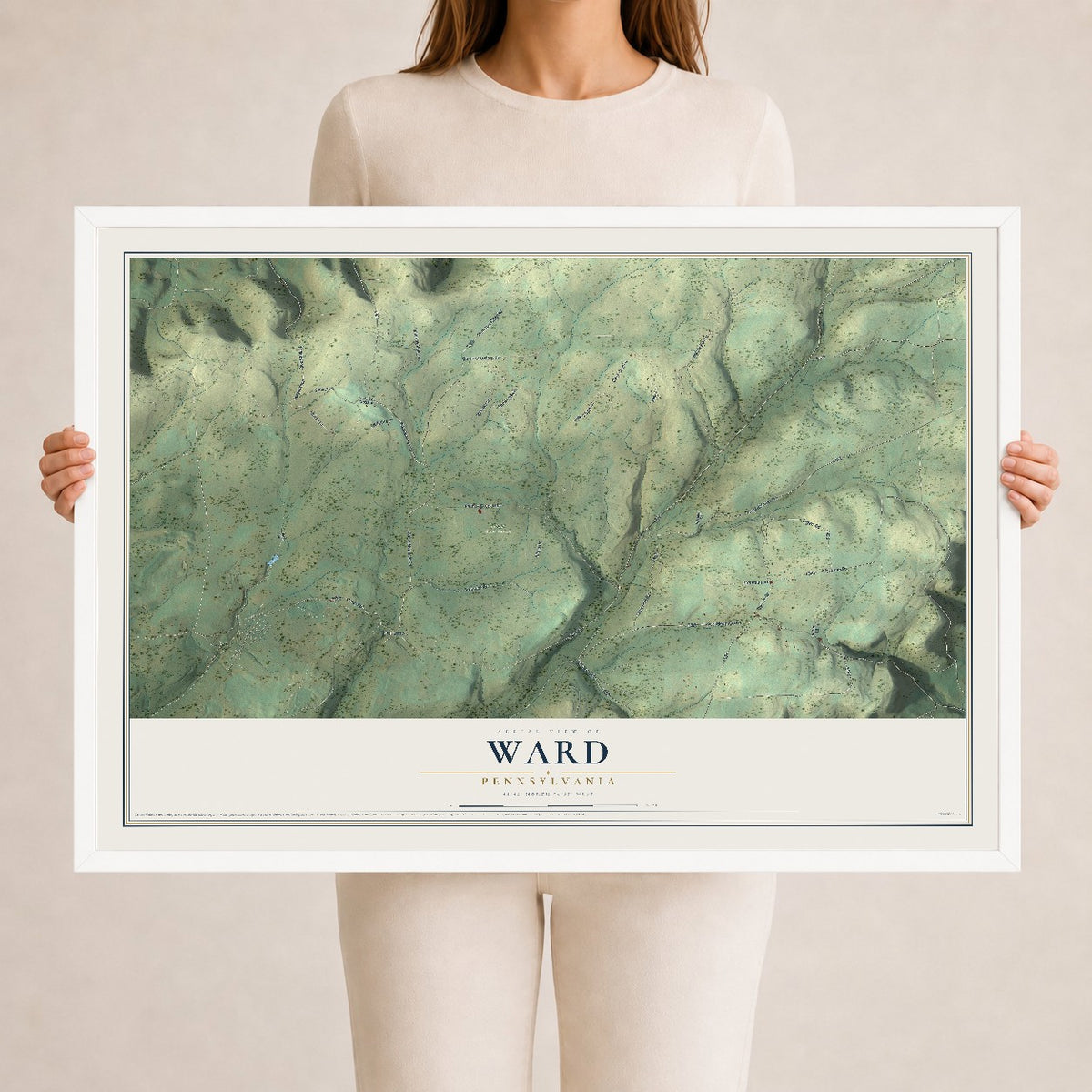 Map of Ward, Pennsylvania, 24 x 36 inch print in a white wood frame