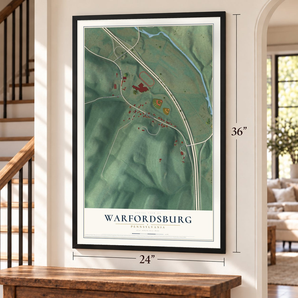 Warfordsburg, Pennsylvania map, 24 x 36 inch print in a black frame by a staircase