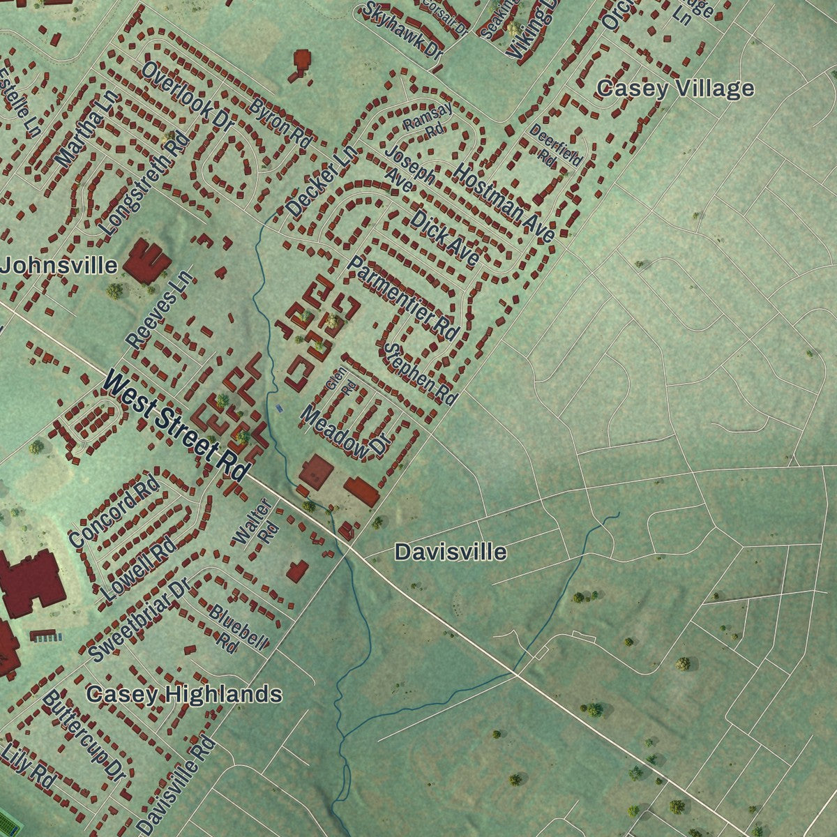 Second close-up of the map of Warminster, Pennsylvania print showing more streets and buildings