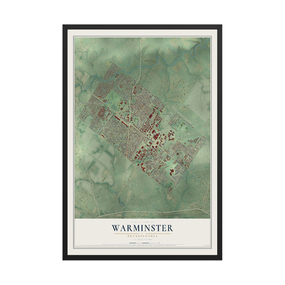 Map of Warminster, Pennsylvania, 12 x 18 inch print in a black wood frame