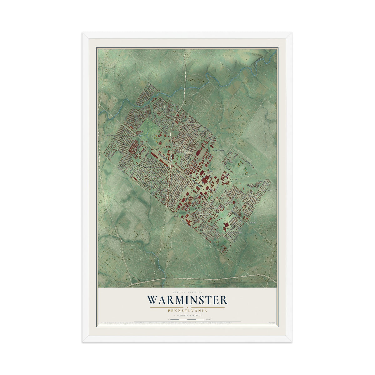 Map of Warminster, Pennsylvania, 12 x 18 inch print in a white wood frame