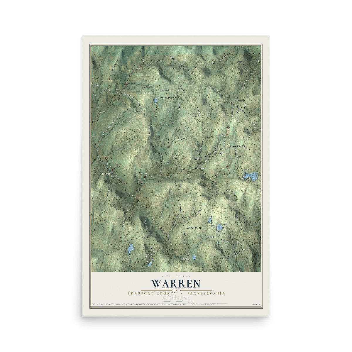Map of Warren, Bradford County, Pennsylvania, 12 x 18 inch unframed archival matte print