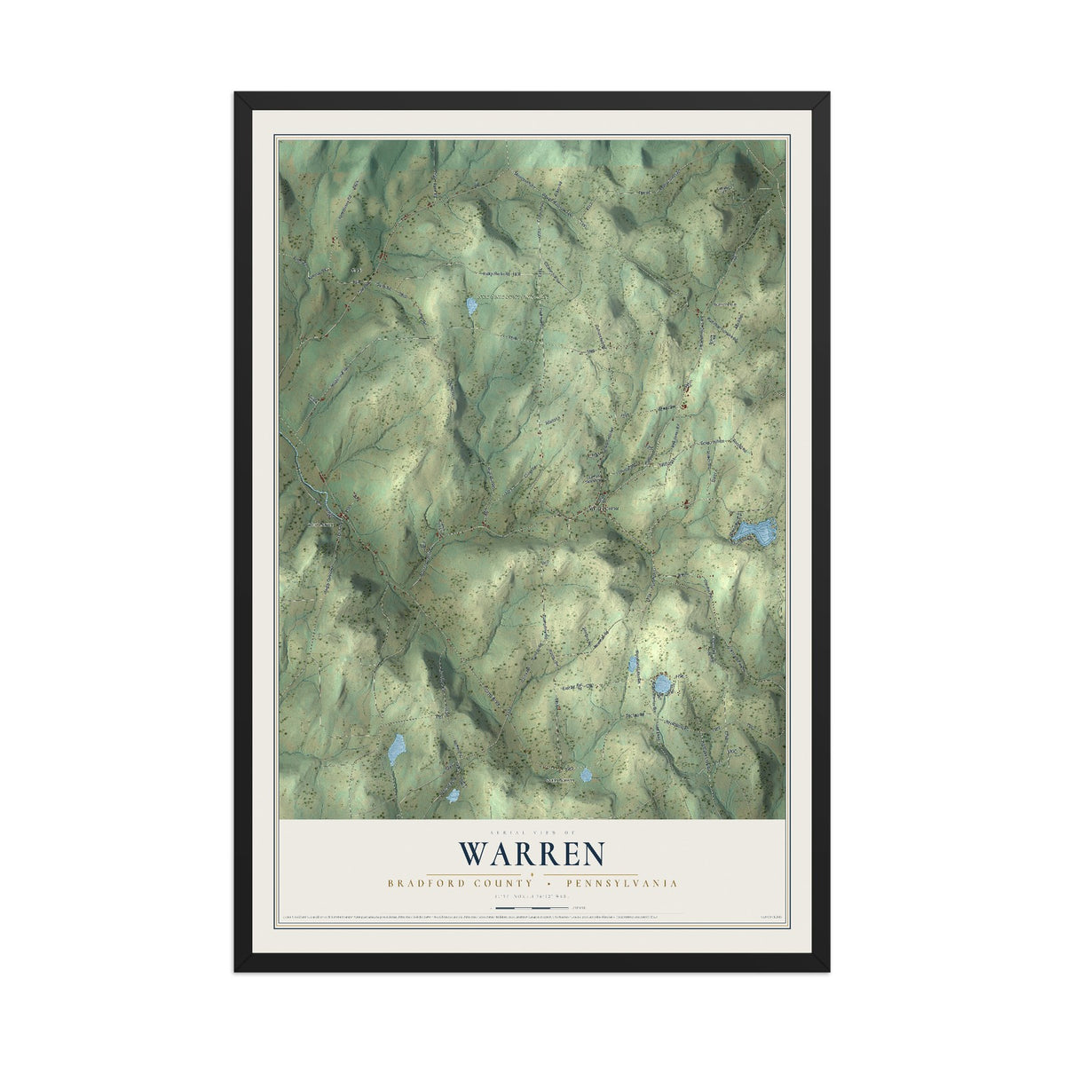 Map of Warren, Bradford County, Pennsylvania, 12 x 18 inch print in a black wood frame