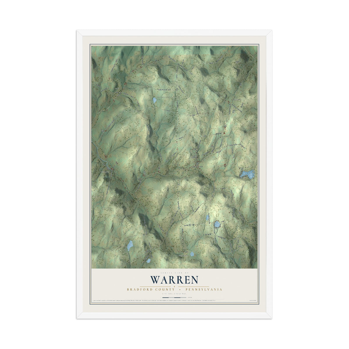 Map of Warren, Bradford County, Pennsylvania, 12 x 18 inch print in a white wood frame