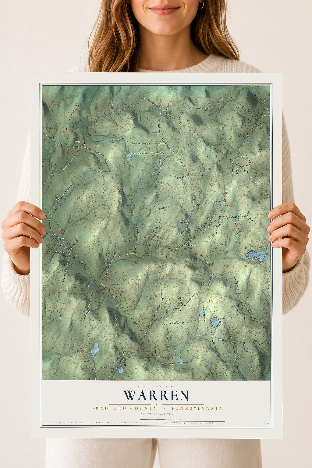 Map of Warren, Bradford County, Pennsylvania, 18 x 24 inch unframed archival matte print