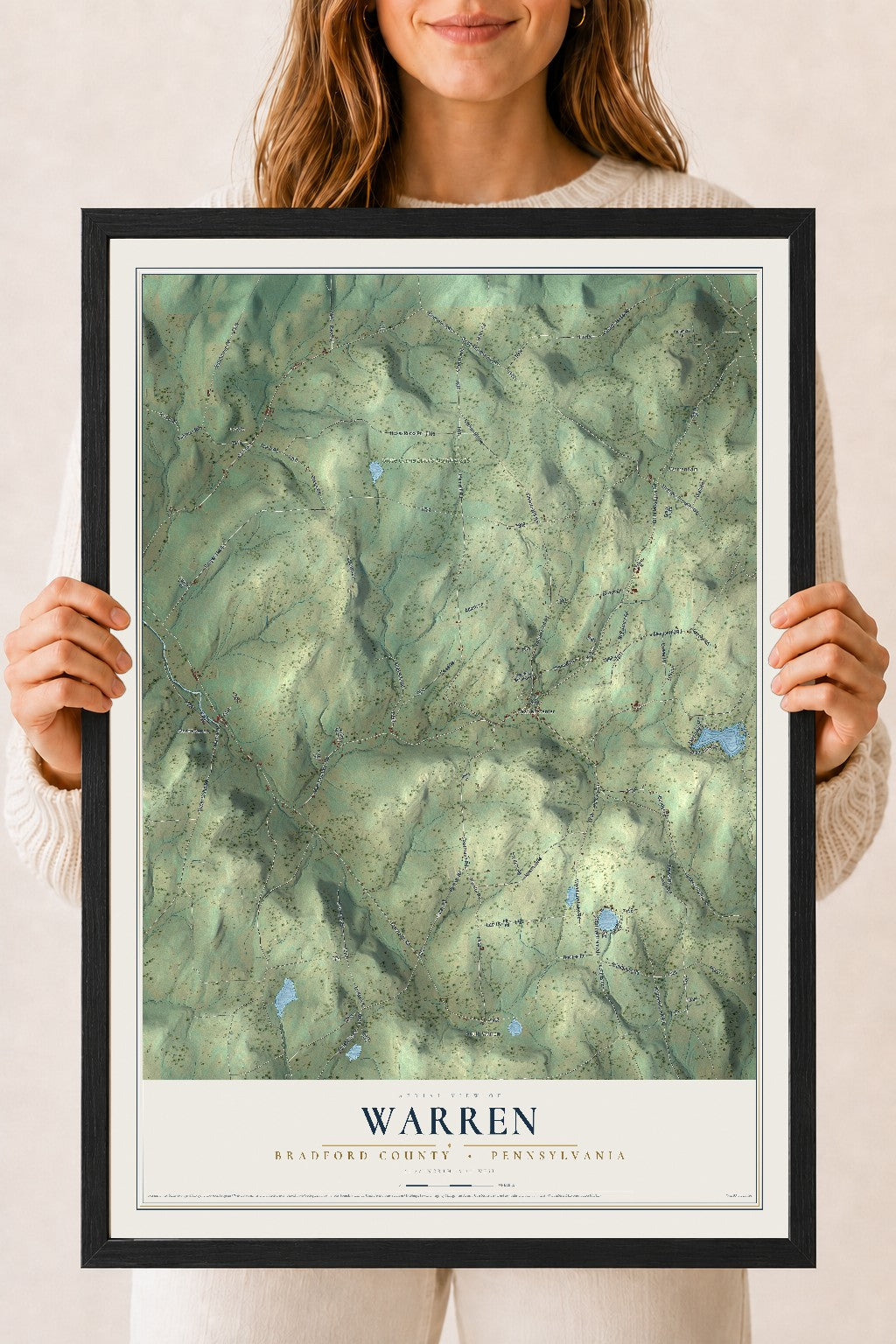 Map of Warren, Bradford County, Pennsylvania, 18 x 24 inch print in a black wood frame