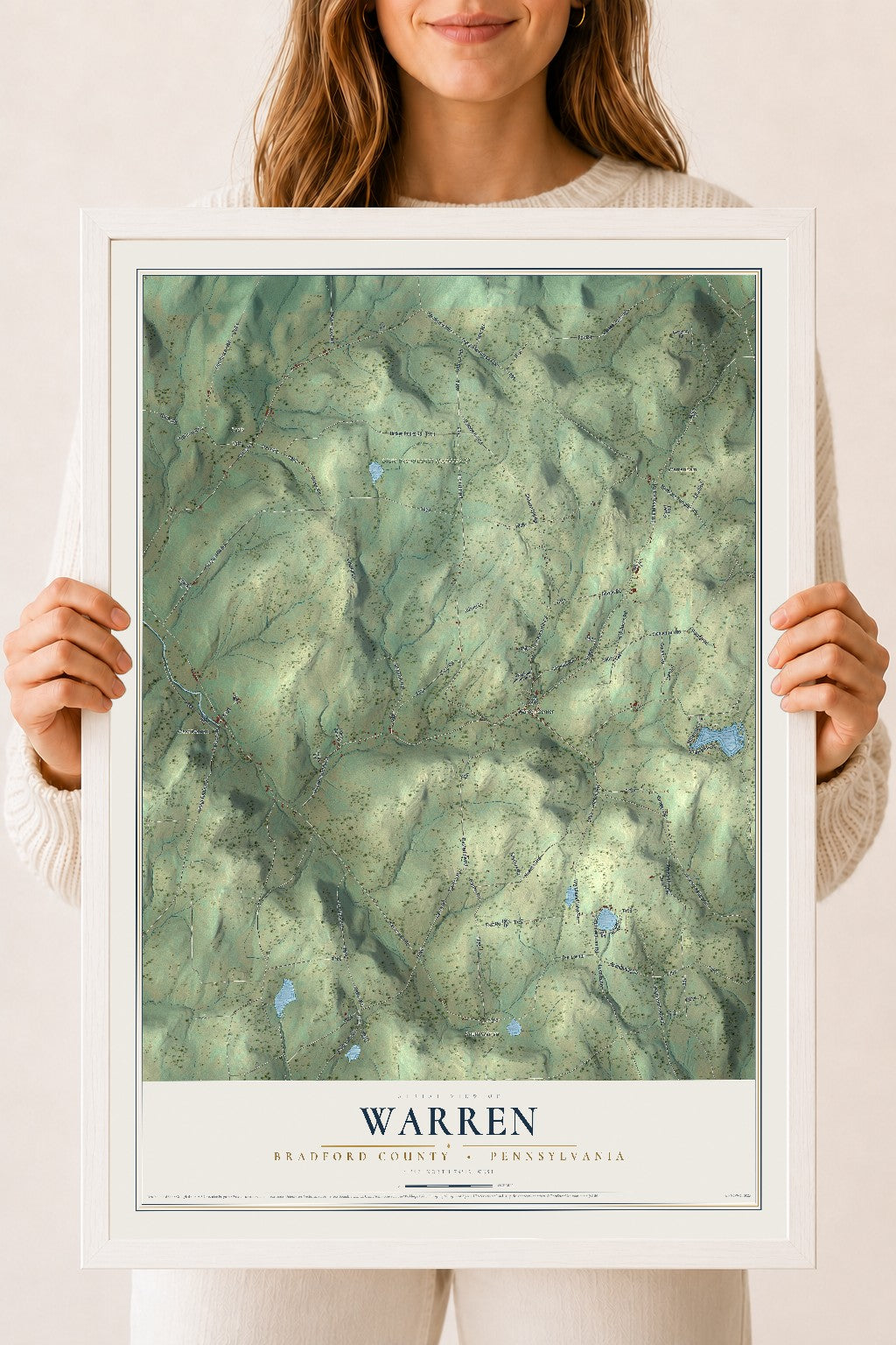 Map of Warren, Bradford County, Pennsylvania, 18 x 24 inch print in a white wood frame