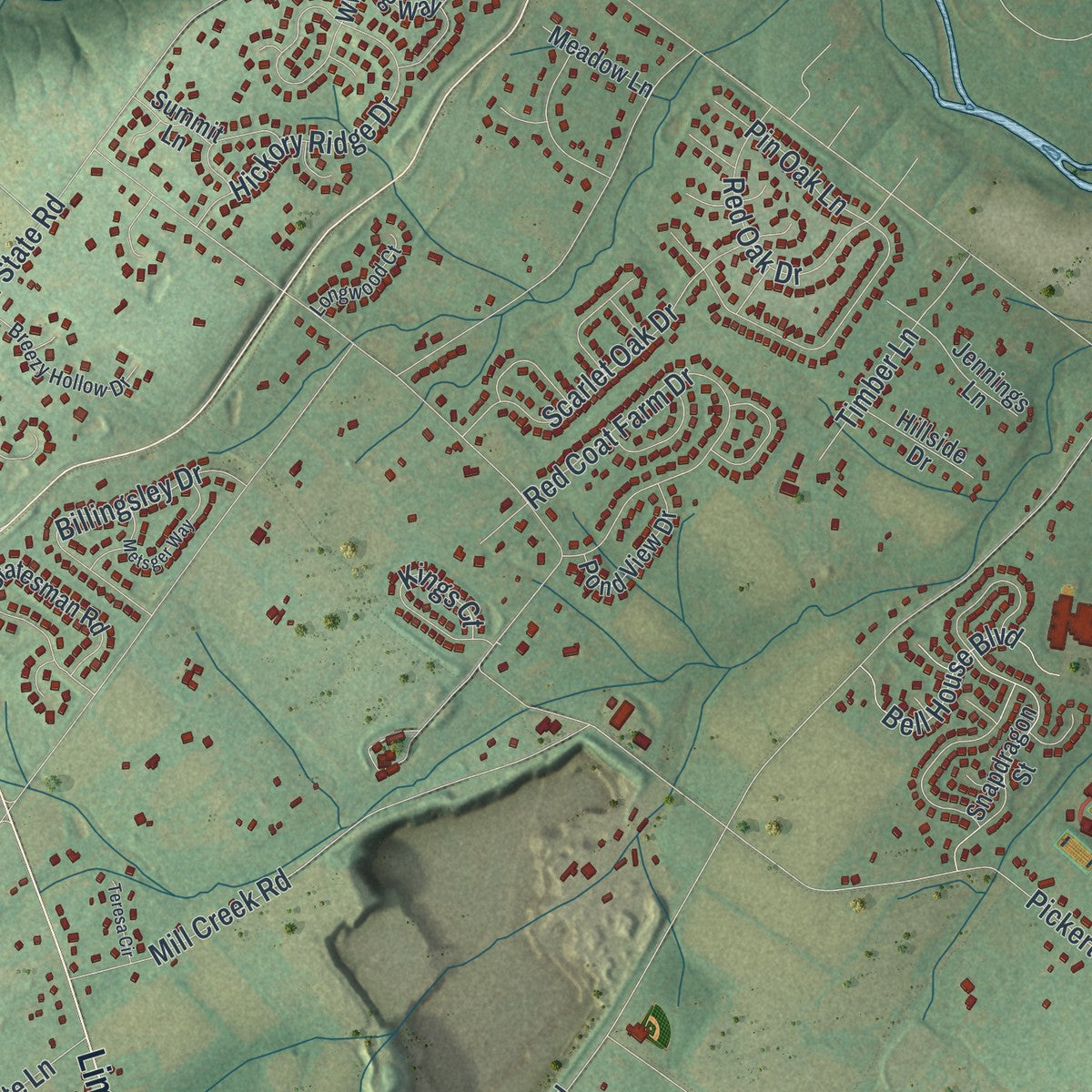 Second close-up of the map of Warrington, Bucks County, Pennsylvania print showing more streets and buildings
