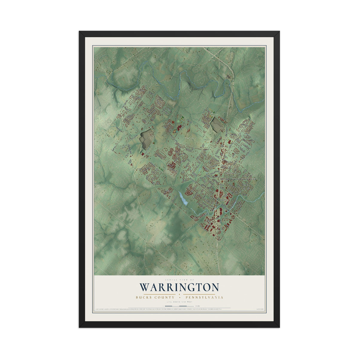 Map of Warrington, Bucks County, Pennsylvania, 12 x 18 inch print in a black wood frame