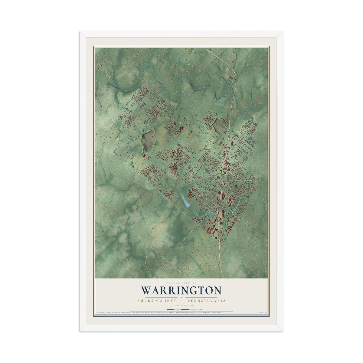 Map of Warrington, Bucks County, Pennsylvania, 12 x 18 inch print in a white wood frame