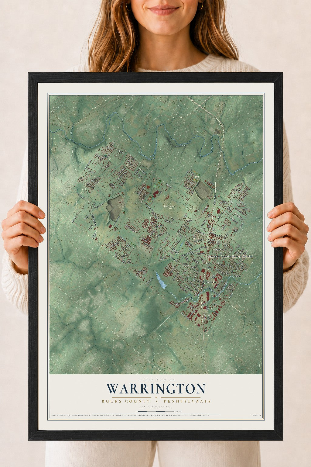 Map of Warrington, Bucks County, Pennsylvania, 18 x 24 inch print in a black wood frame