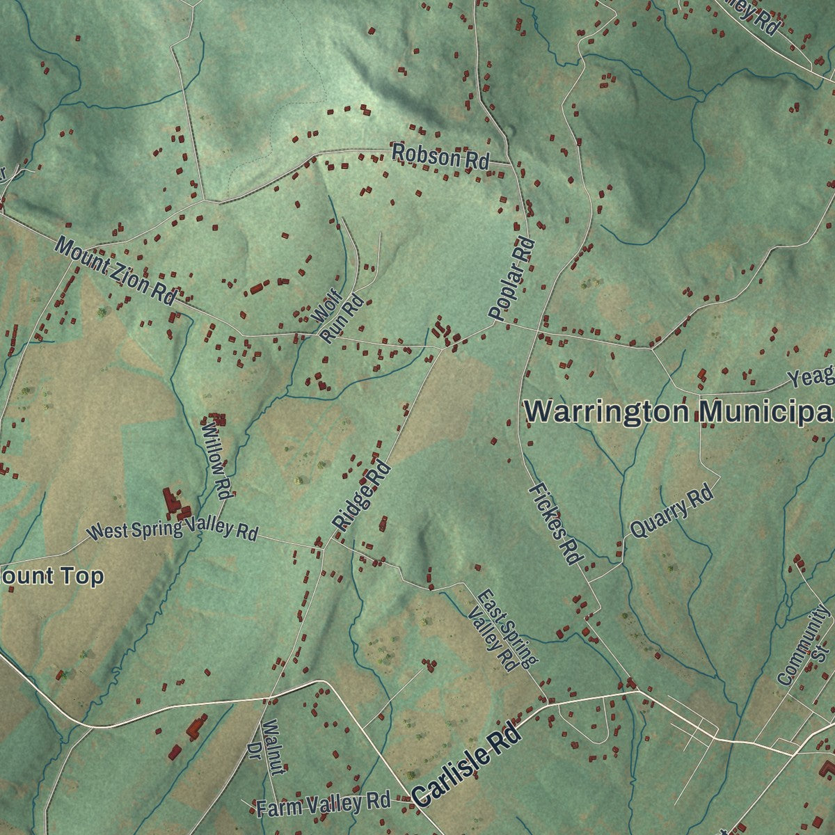 Second close-up of the map of Warrington, York County, Pennsylvania print showing more streets and buildings