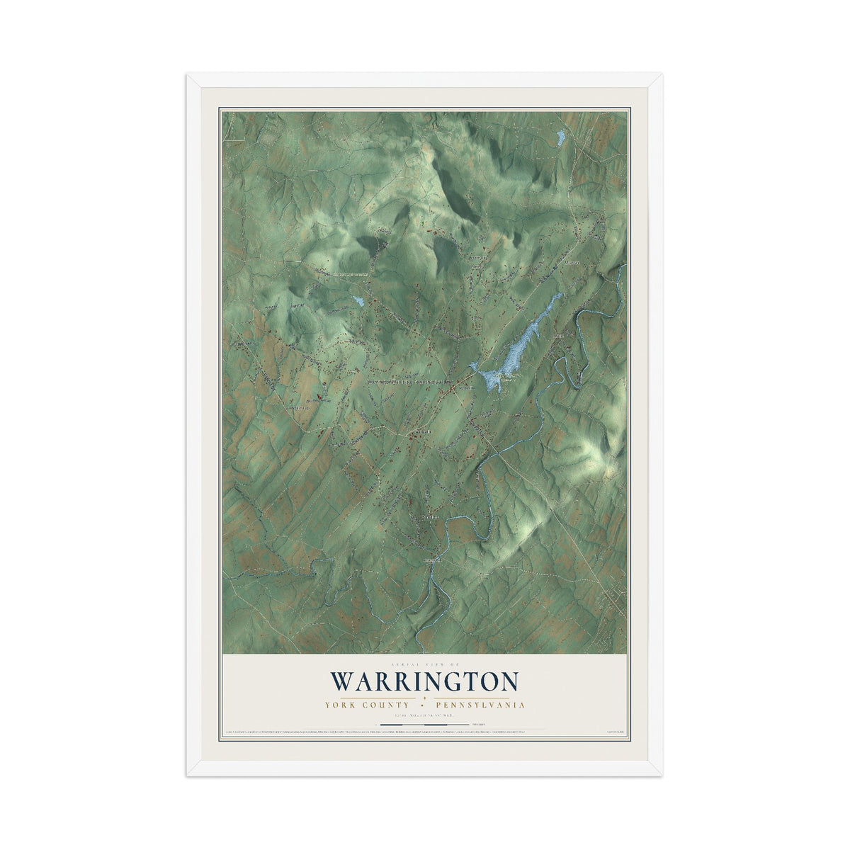 Map of Warrington, York County, Pennsylvania, 12 x 18 inch print in a white wood frame