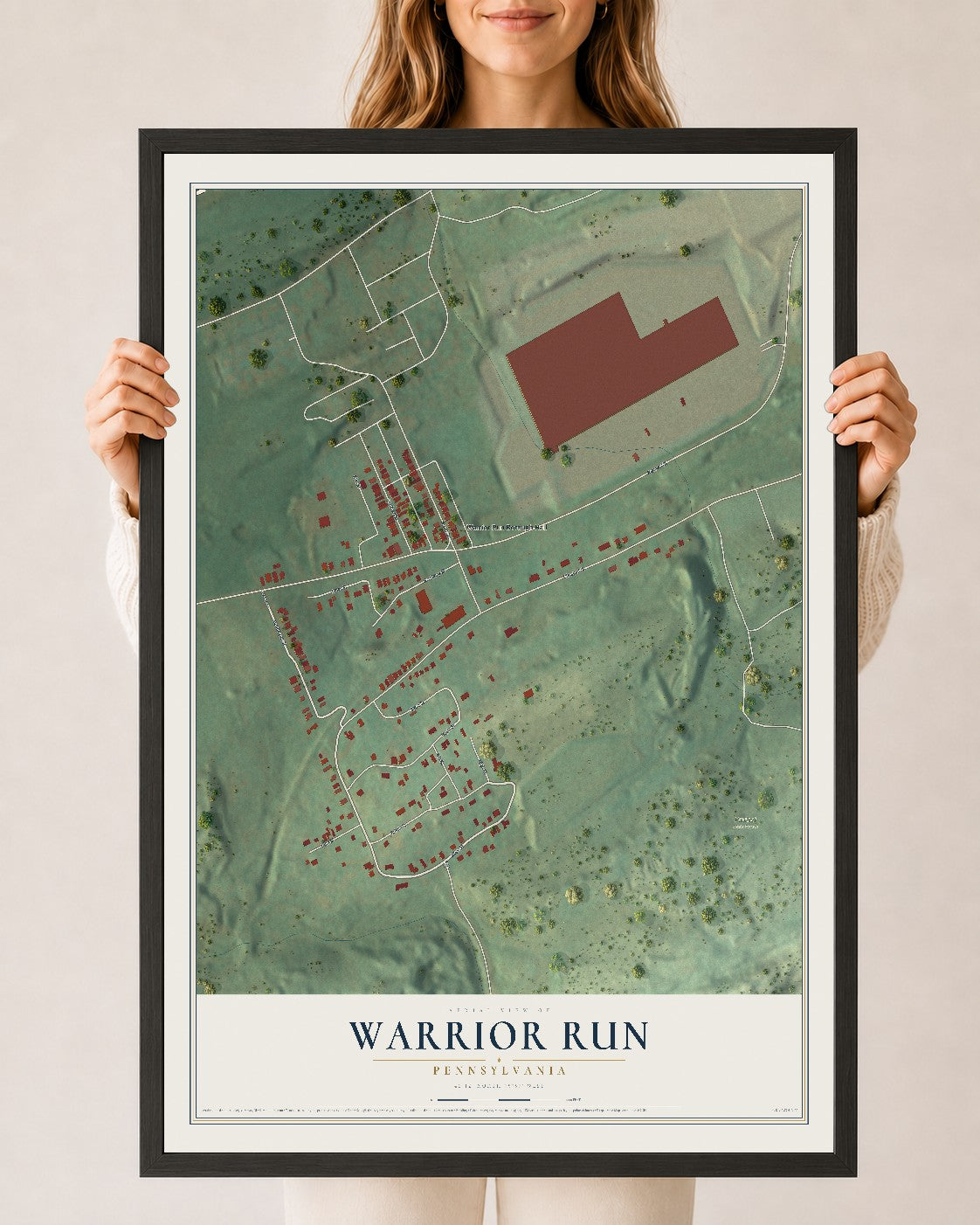 Map of Warrior Run, Pennsylvania, 24 x 36 inch print in a black wood frame