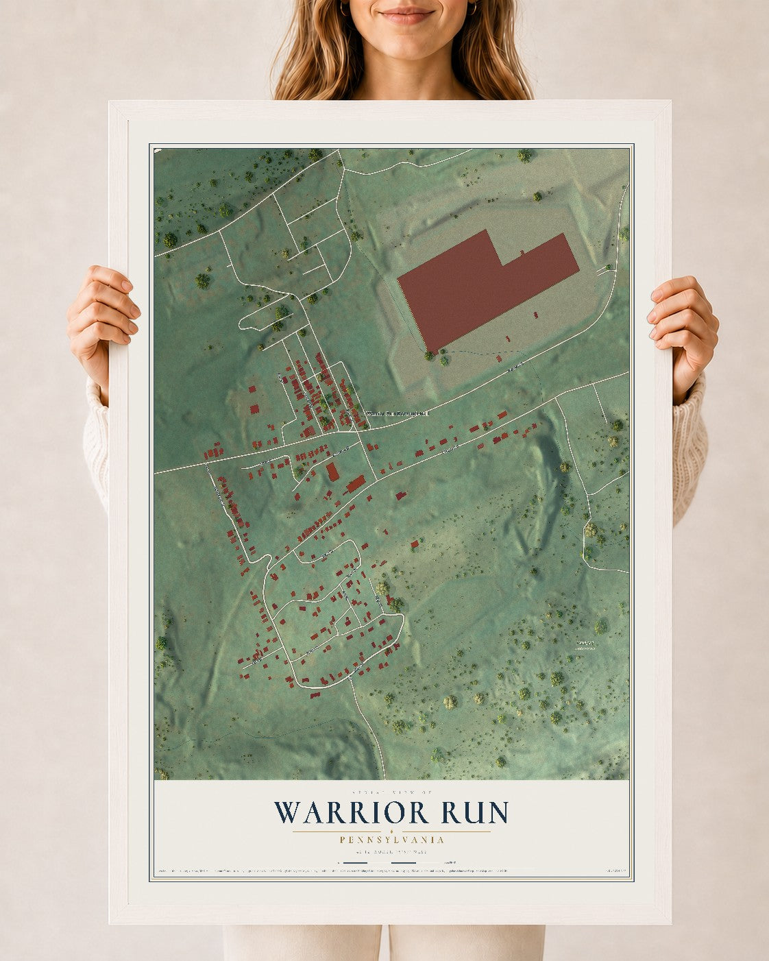 Map of Warrior Run, Pennsylvania, 24 x 36 inch print in a white wood frame