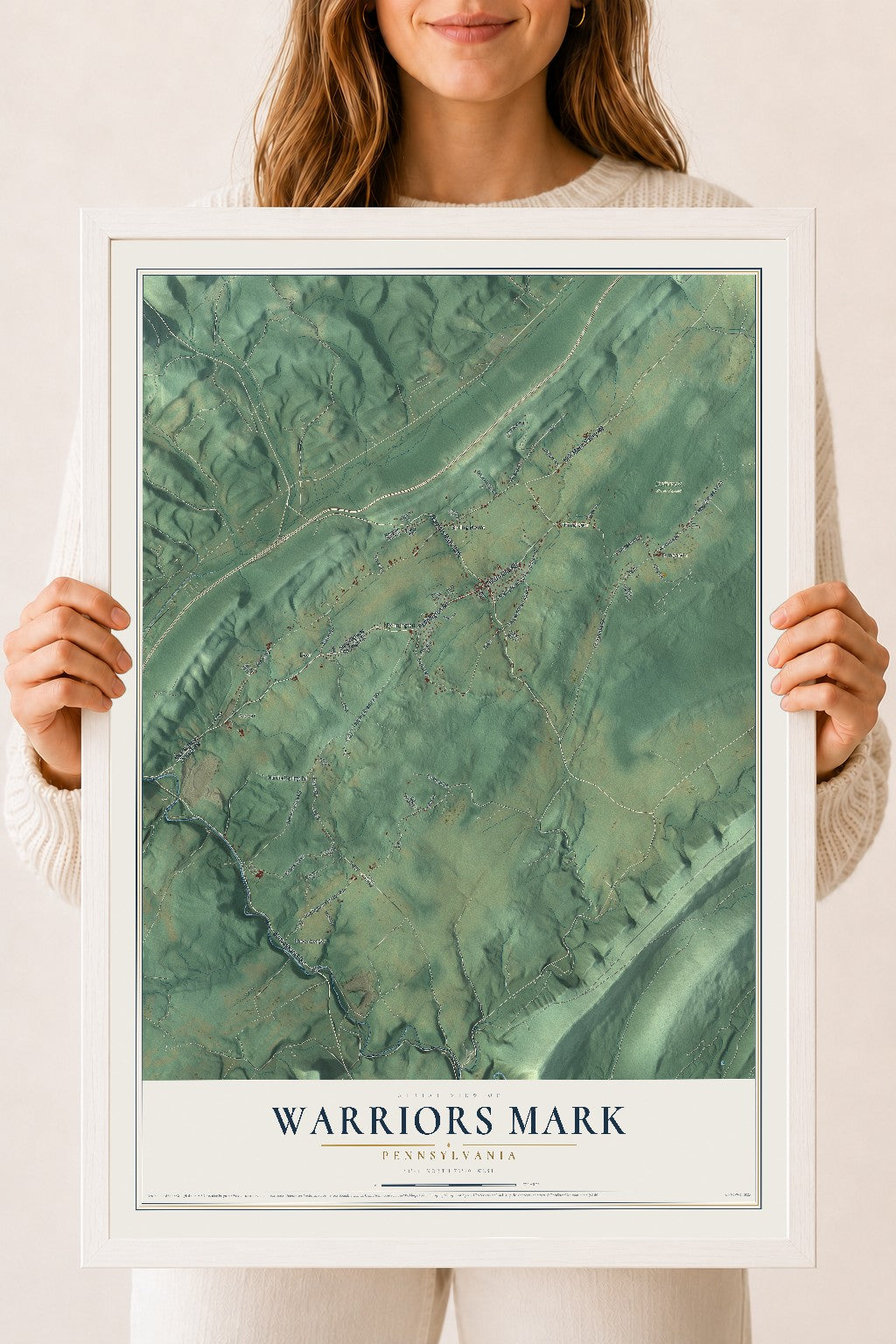 Map of Warriors Mark, Pennsylvania, 18 x 24 inch print in a white wood frame