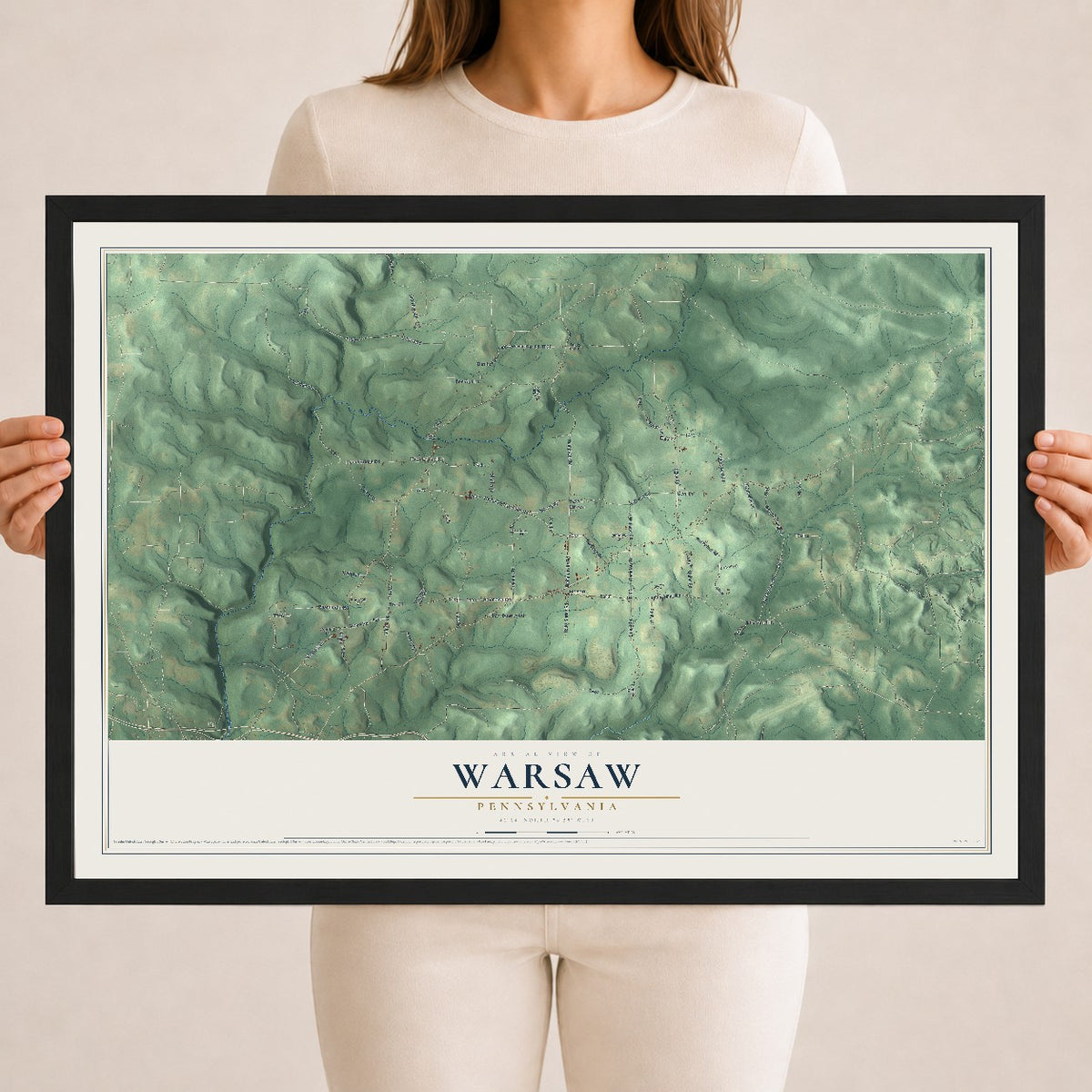 Map of Warsaw, Pennsylvania, 18 x 24 inch print in a black wood frame