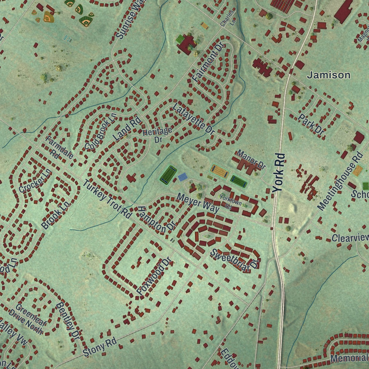 Close-up of the map of Warwick, Bucks County, Pennsylvania print showing street and building detail