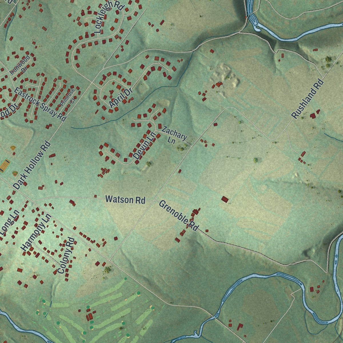Second close-up of the map of Warwick, Bucks County, Pennsylvania print showing more streets and buildings