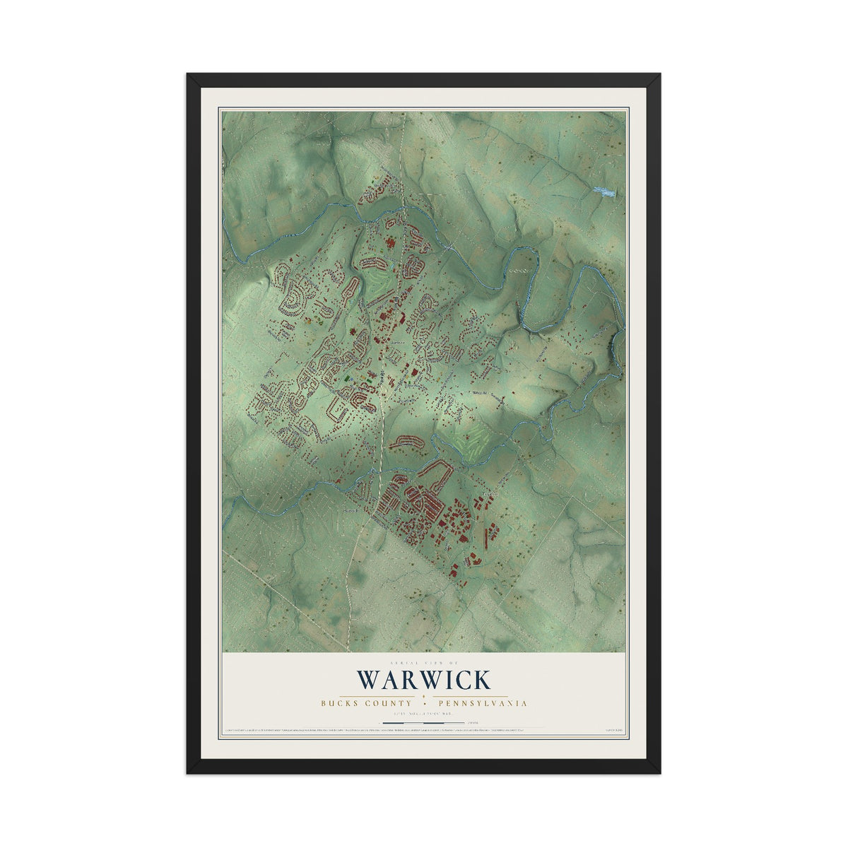 Map of Warwick, Bucks County, Pennsylvania, 12 x 18 inch print in a black wood frame