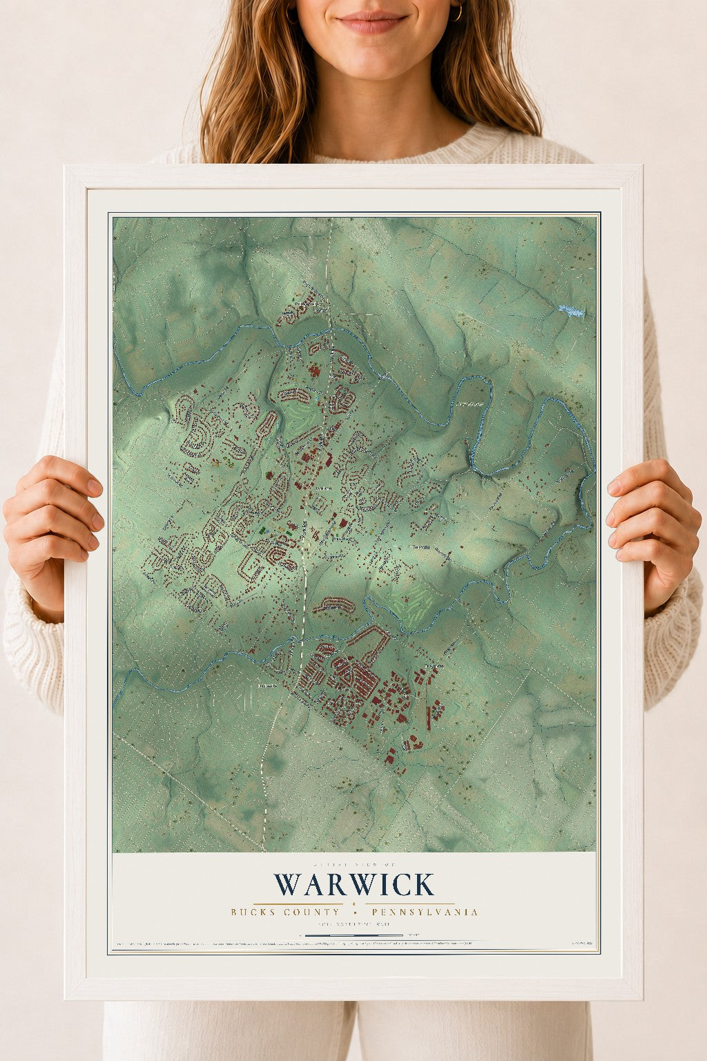 Map of Warwick, Bucks County, Pennsylvania, 18 x 24 inch print in a white wood frame