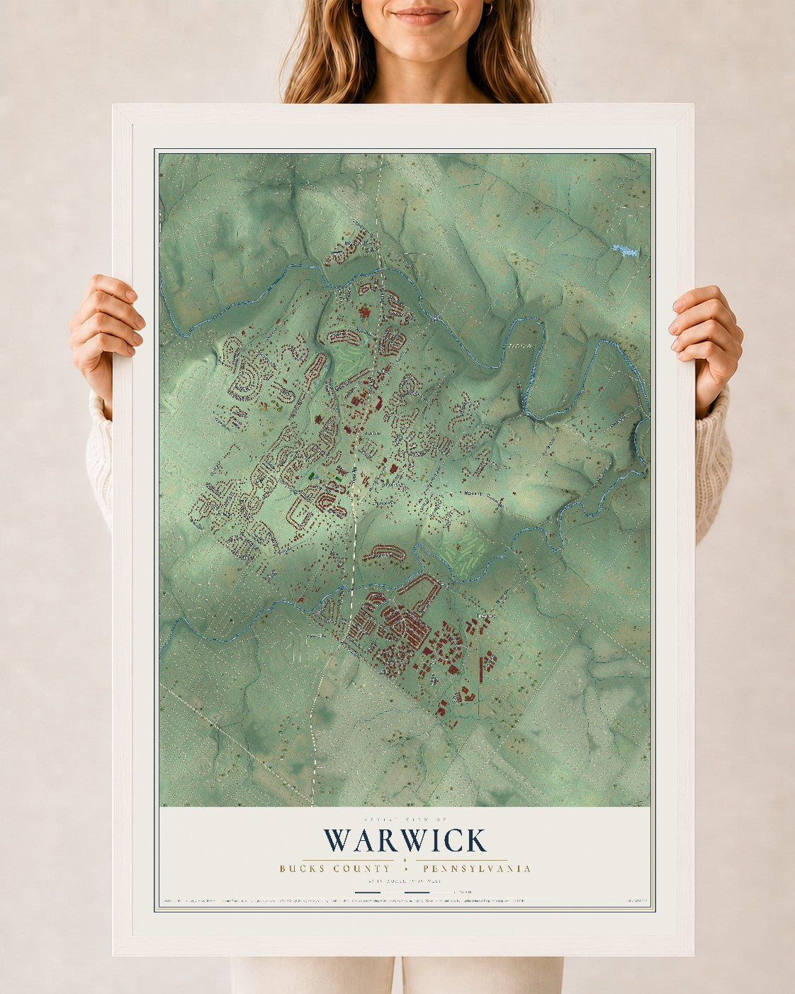 Map of Warwick, Bucks County, Pennsylvania, 24 x 36 inch print in a white wood frame