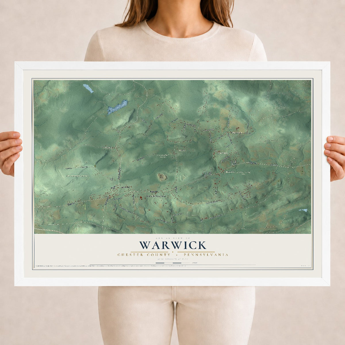 Map of Warwick, Chester County, Pennsylvania, 18 x 24 inch print in a white wood frame
