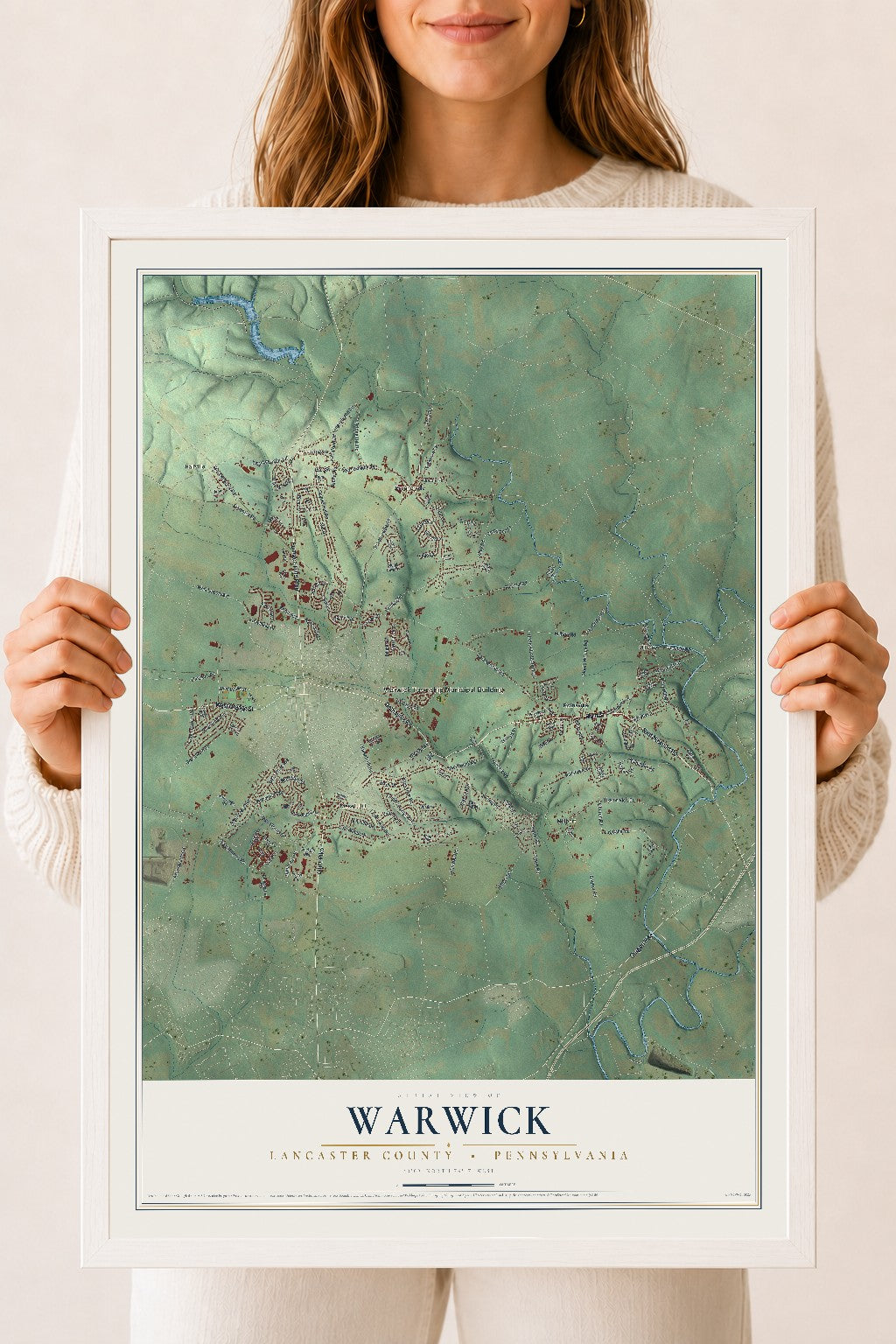 Map of Warwick, Lancaster County, Pennsylvania, 18 x 24 inch print in a white wood frame