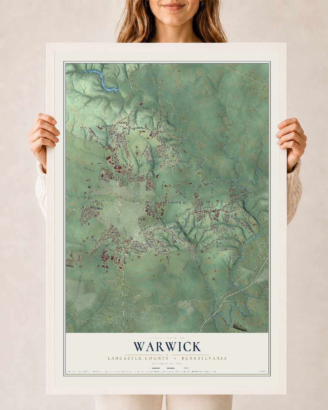Map of Warwick, Lancaster County, Pennsylvania, 24 x 36 inch print in a white wood frame