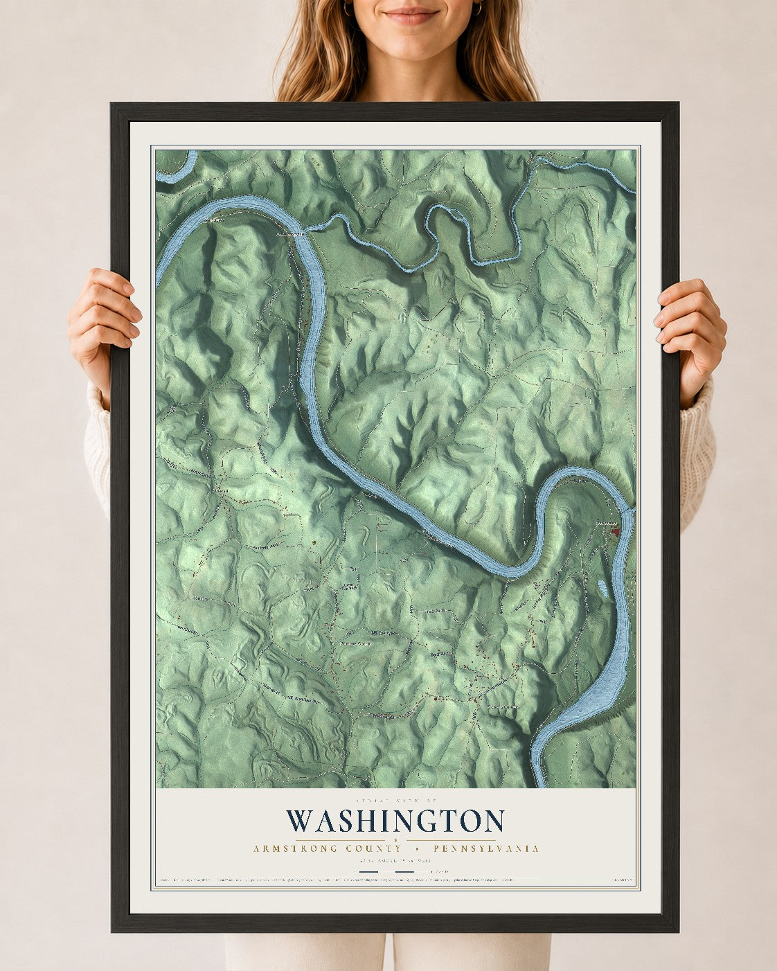 Map of Washington, Armstrong County, Pennsylvania, 24 x 36 inch print in a black wood frame