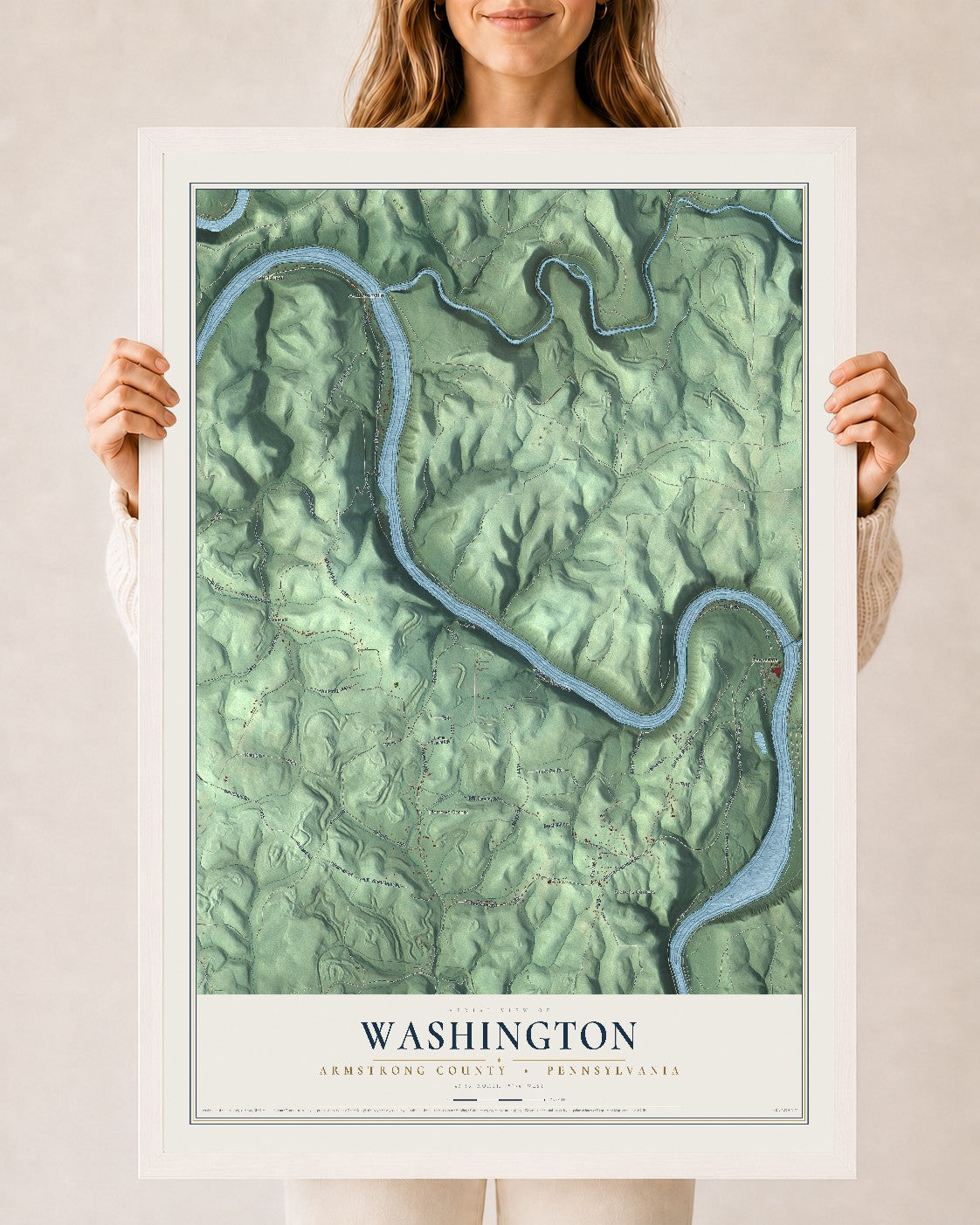 Map of Washington, Armstrong County, Pennsylvania, 24 x 36 inch print in a white wood frame