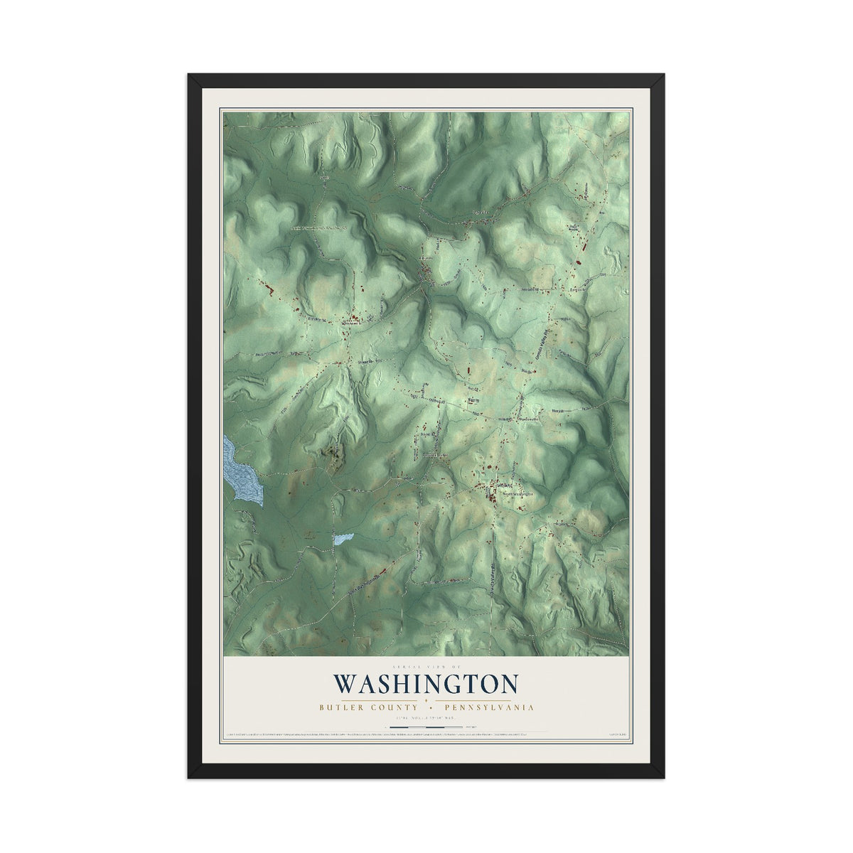 Map of Washington, Butler County, Pennsylvania, 12 x 18 inch print in a black wood frame