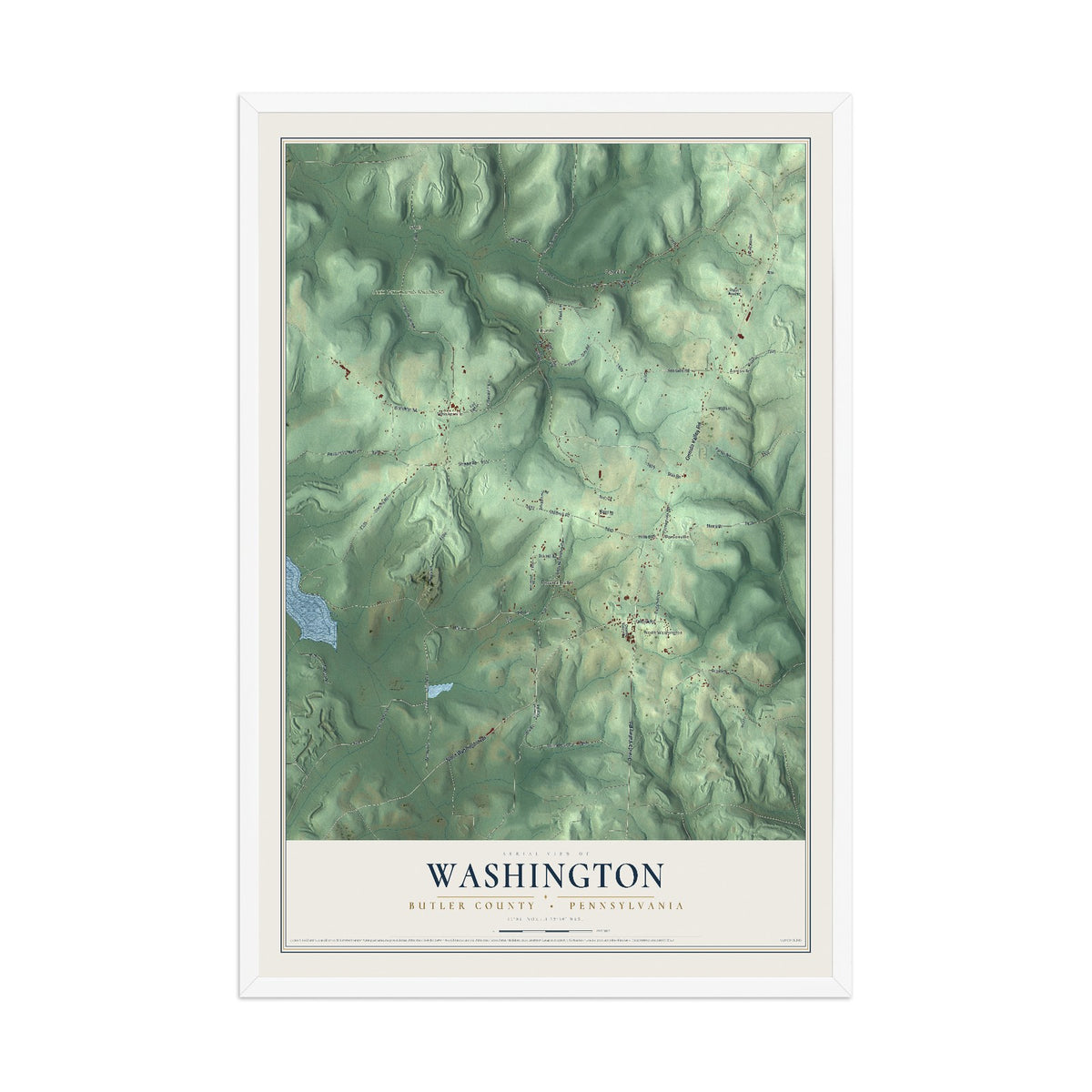 Map of Washington, Butler County, Pennsylvania, 12 x 18 inch print in a white wood frame