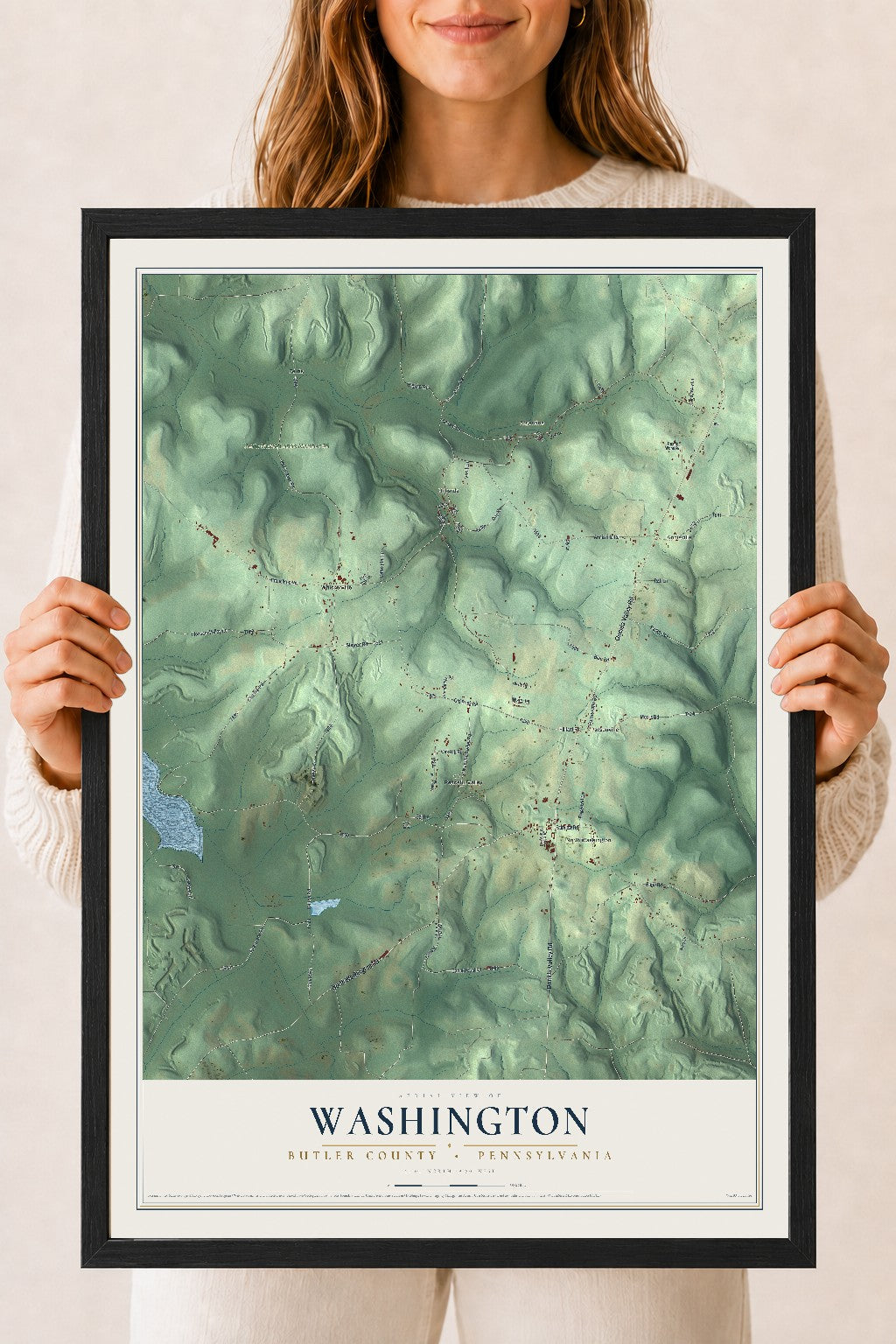 Map of Washington, Butler County, Pennsylvania, 18 x 24 inch print in a black wood frame