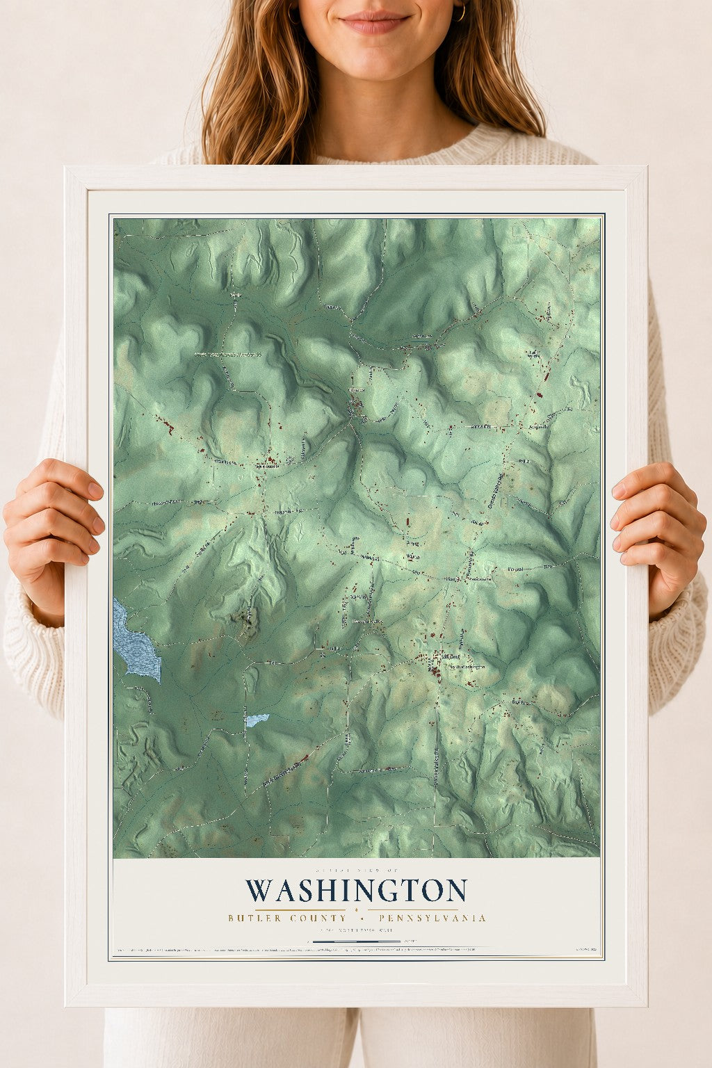 Map of Washington, Butler County, Pennsylvania, 18 x 24 inch print in a white wood frame