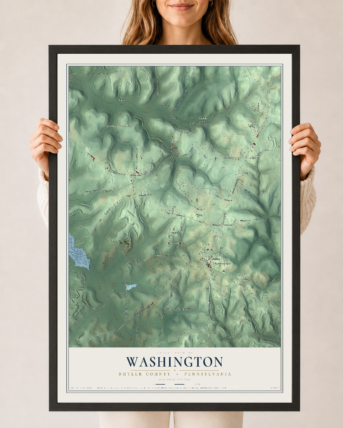 Map of Washington, Butler County, Pennsylvania, 24 x 36 inch print in a black wood frame