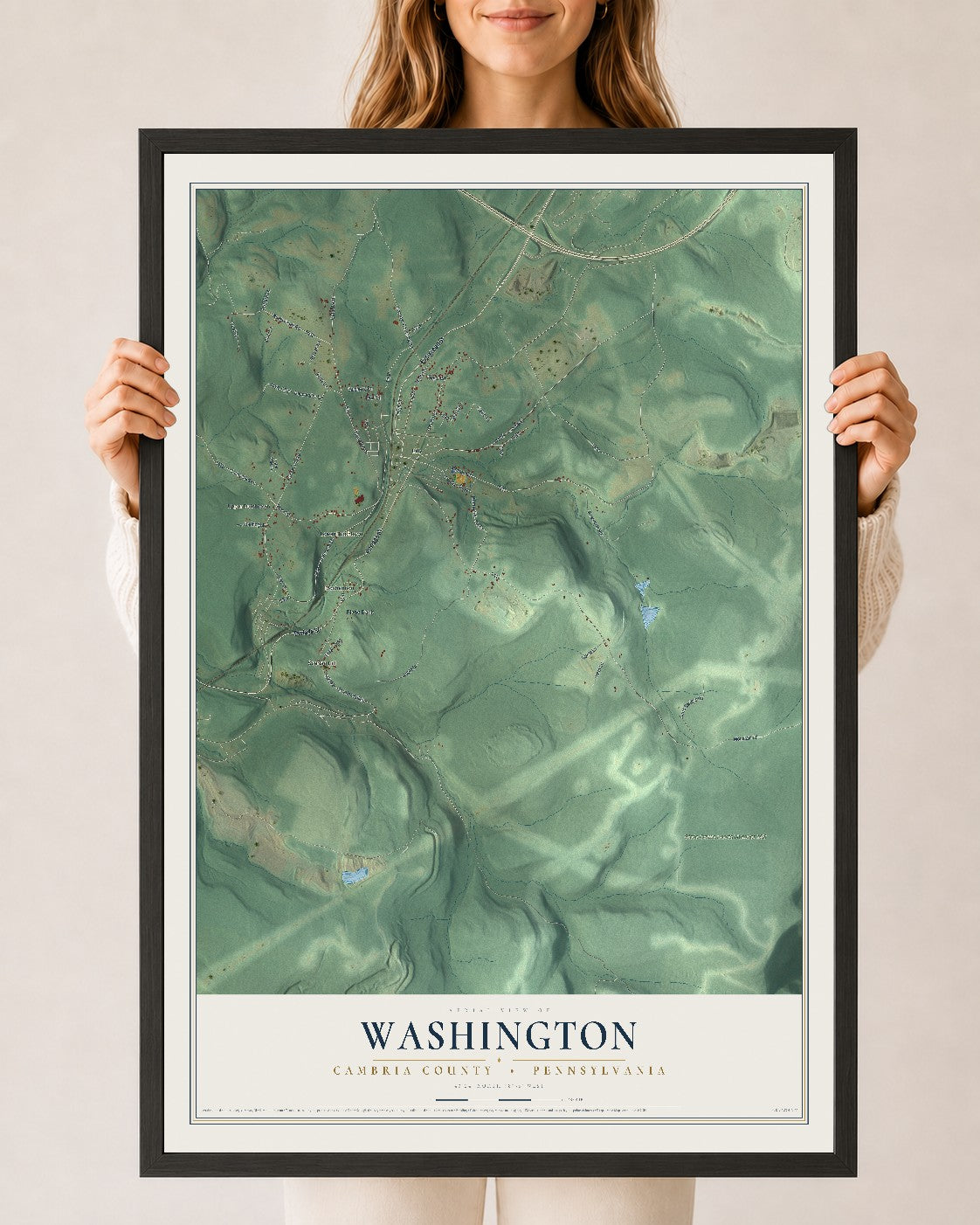 Map of Washington, Cambria County, Pennsylvania, 24 x 36 inch print in a black wood frame