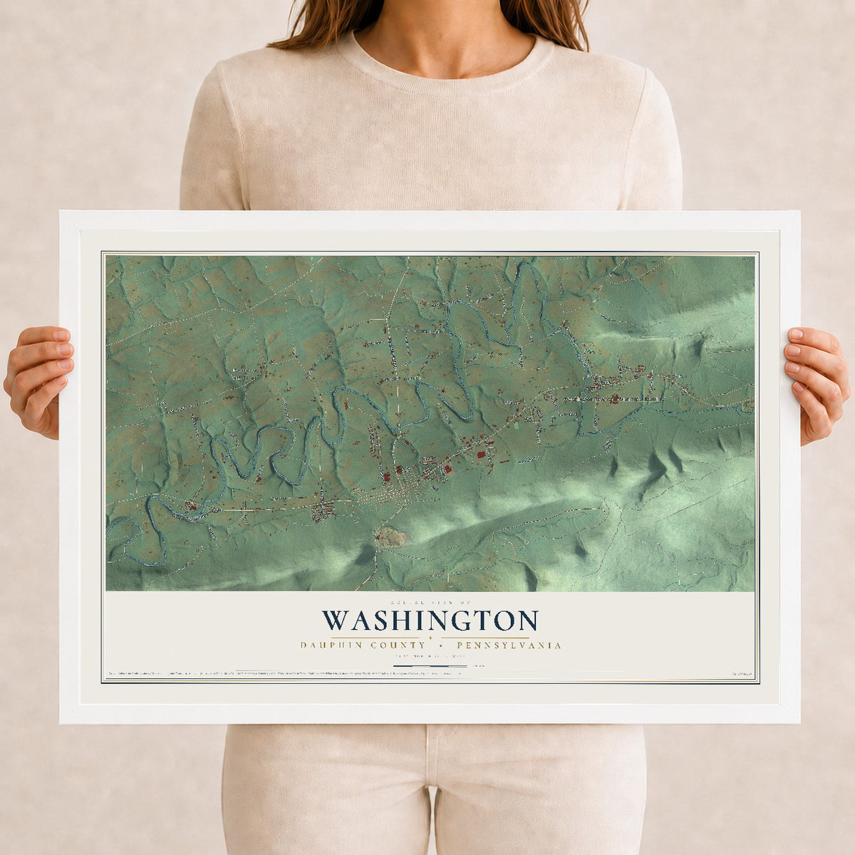 Map of Washington, Dauphin County, Pennsylvania, 12 x 18 inch print in a white wood frame